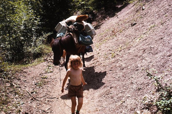 My daughter Jenny leads our pack horse (we were four and half hours by foot from the nearest road)