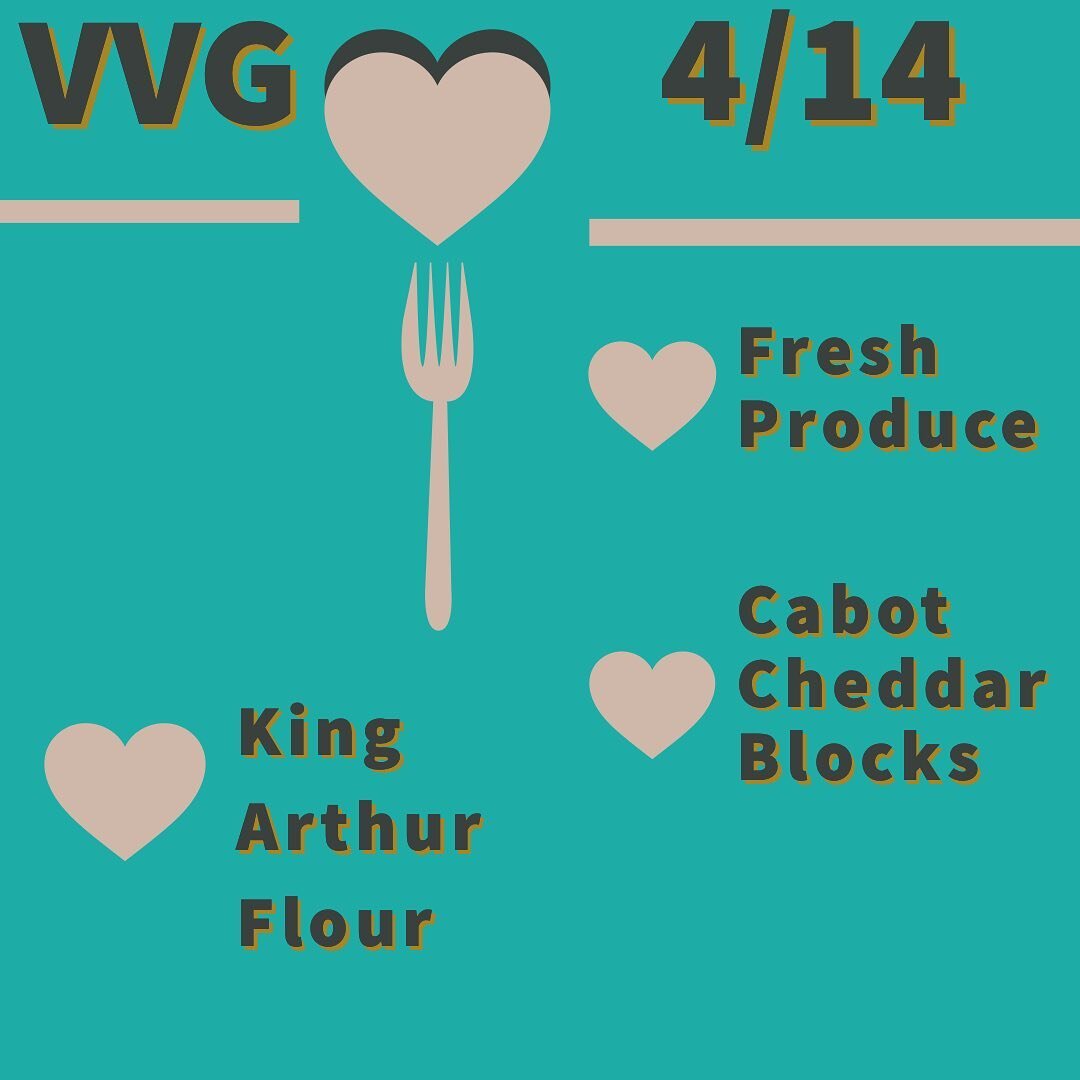 Our April edition of VeggieVanGo FREE food distribution is tomorrow, 4/14 at 10am-WUHSMS/Union Arena 

Fresh produce provided by @vermontfoodbank 

Cabot Cheddar Blocks @cabotcheese purchased with a donation from Woodstock Community Food Shelf 

King