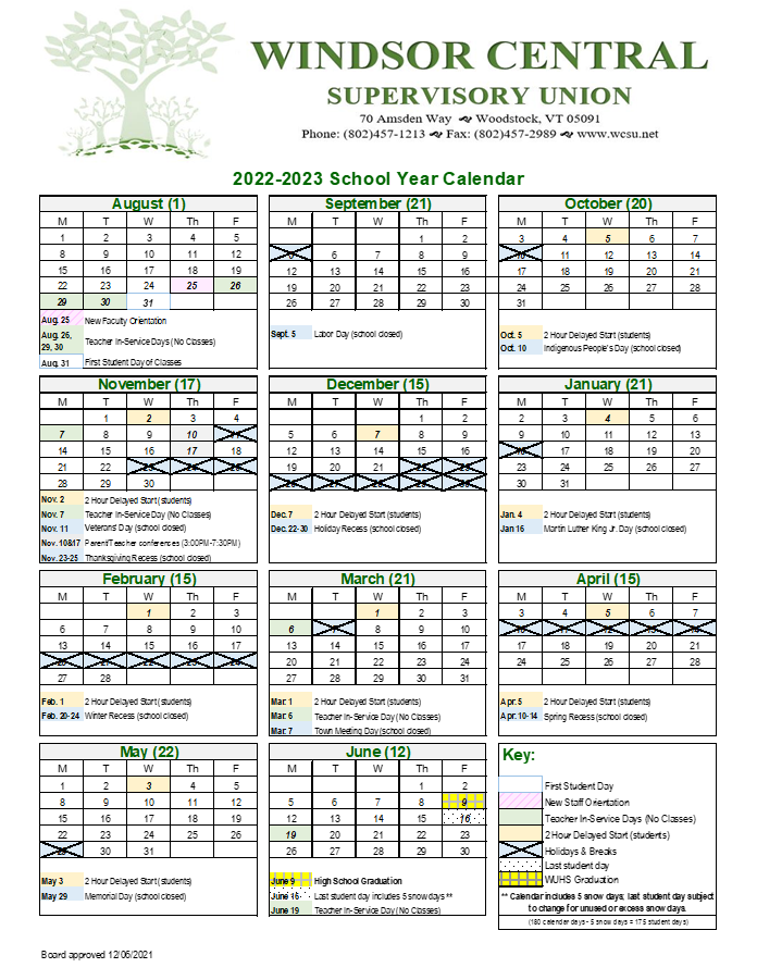 District Calendar — Windsor Central Supervisory Union