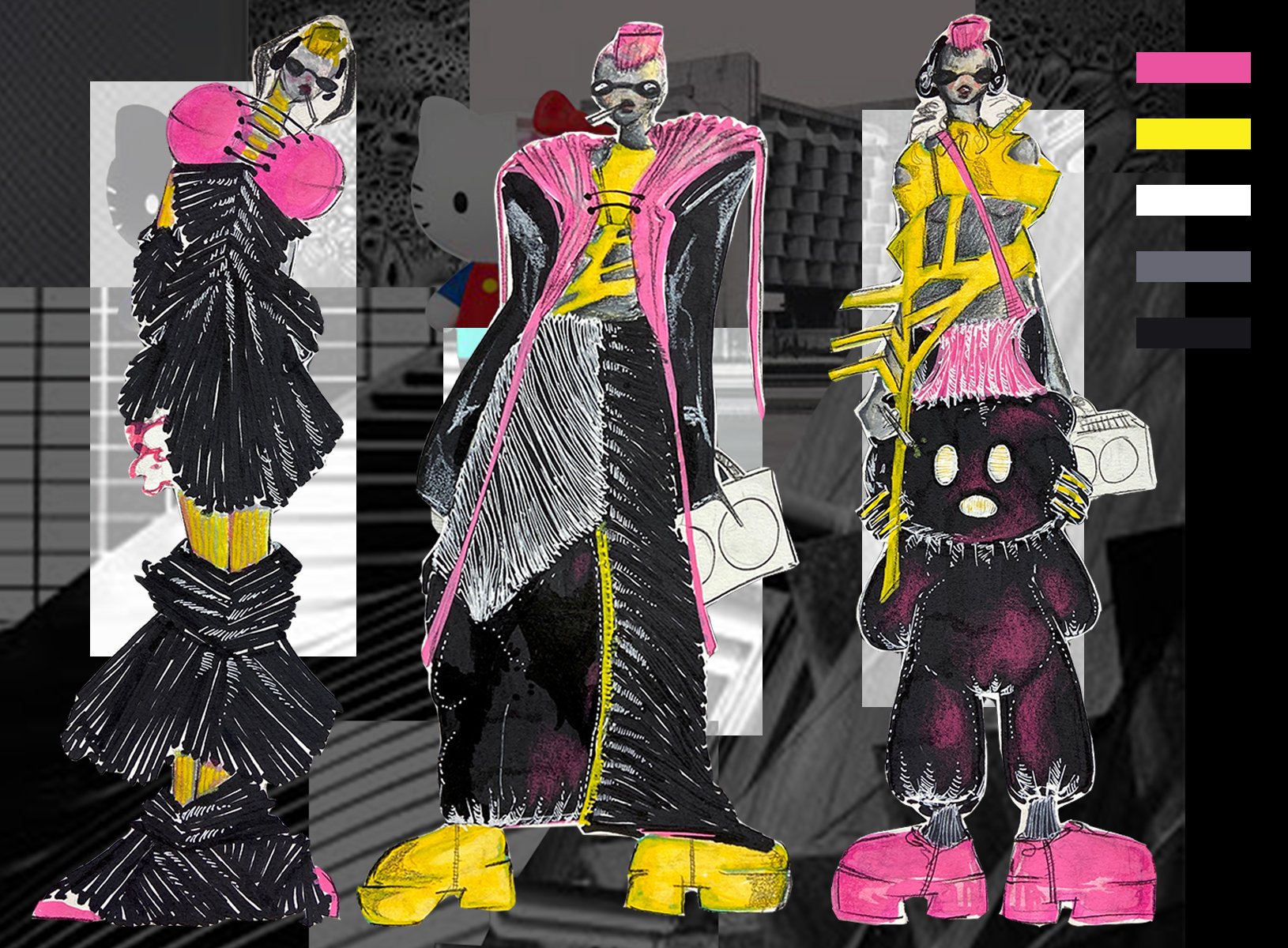 For this collection, I aimed to evaluate a particular customer. By this, I decided to imagine a character who lives in Tokyo and is traveling to Berlin. When thinking of Berlin my research led me to two contrasting stand-outs: brutalist architecture