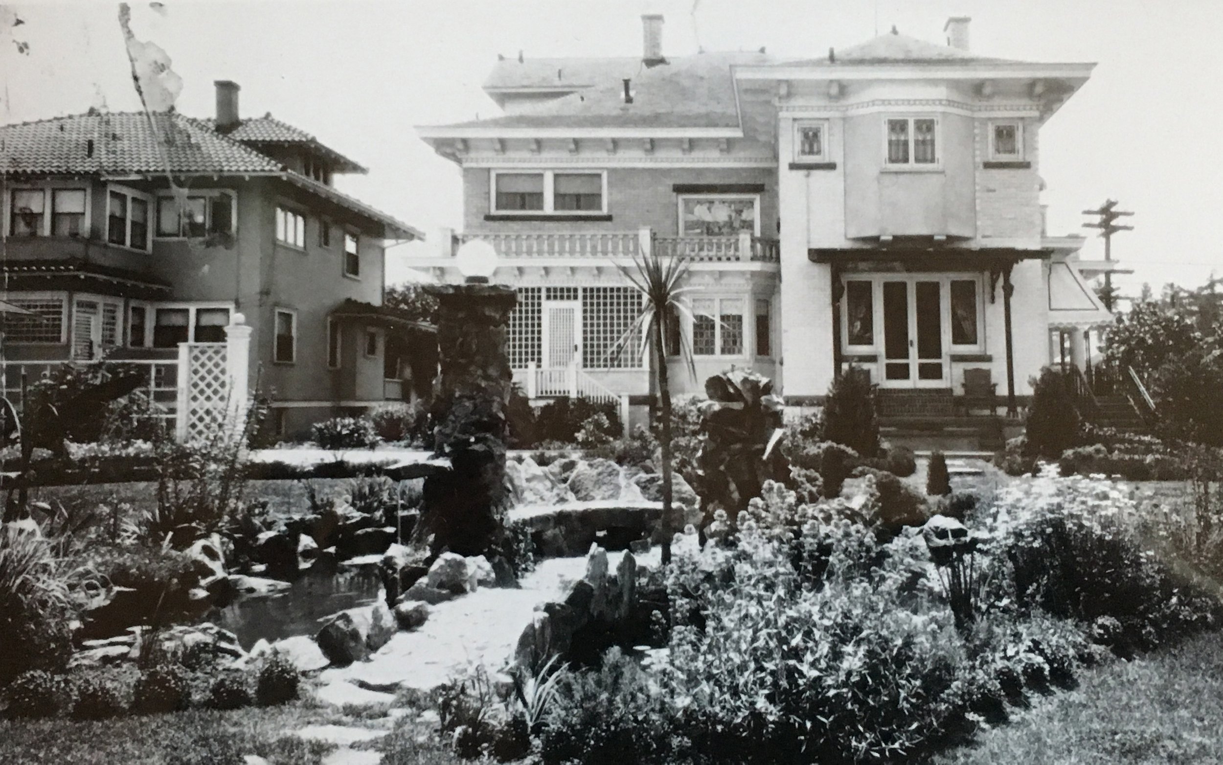  1609 NE Knott - a view of the water feature in the large garden, ca. 1920.&nbsp; 