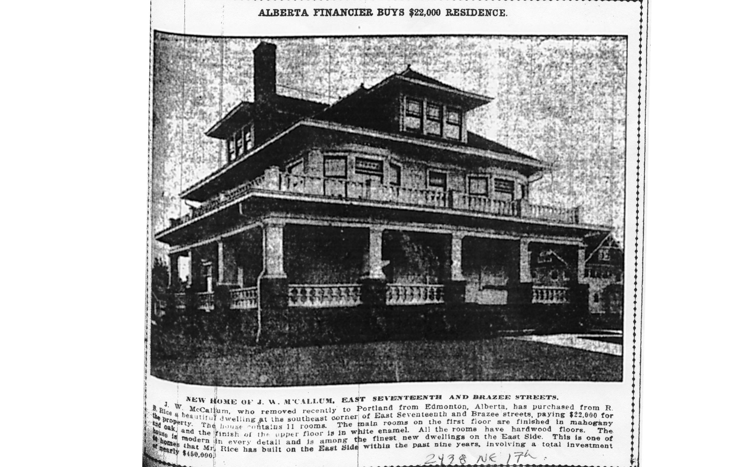  A newspaper notes the sale of this lovely home at the then astronomical price of $22,000. &nbsp; 