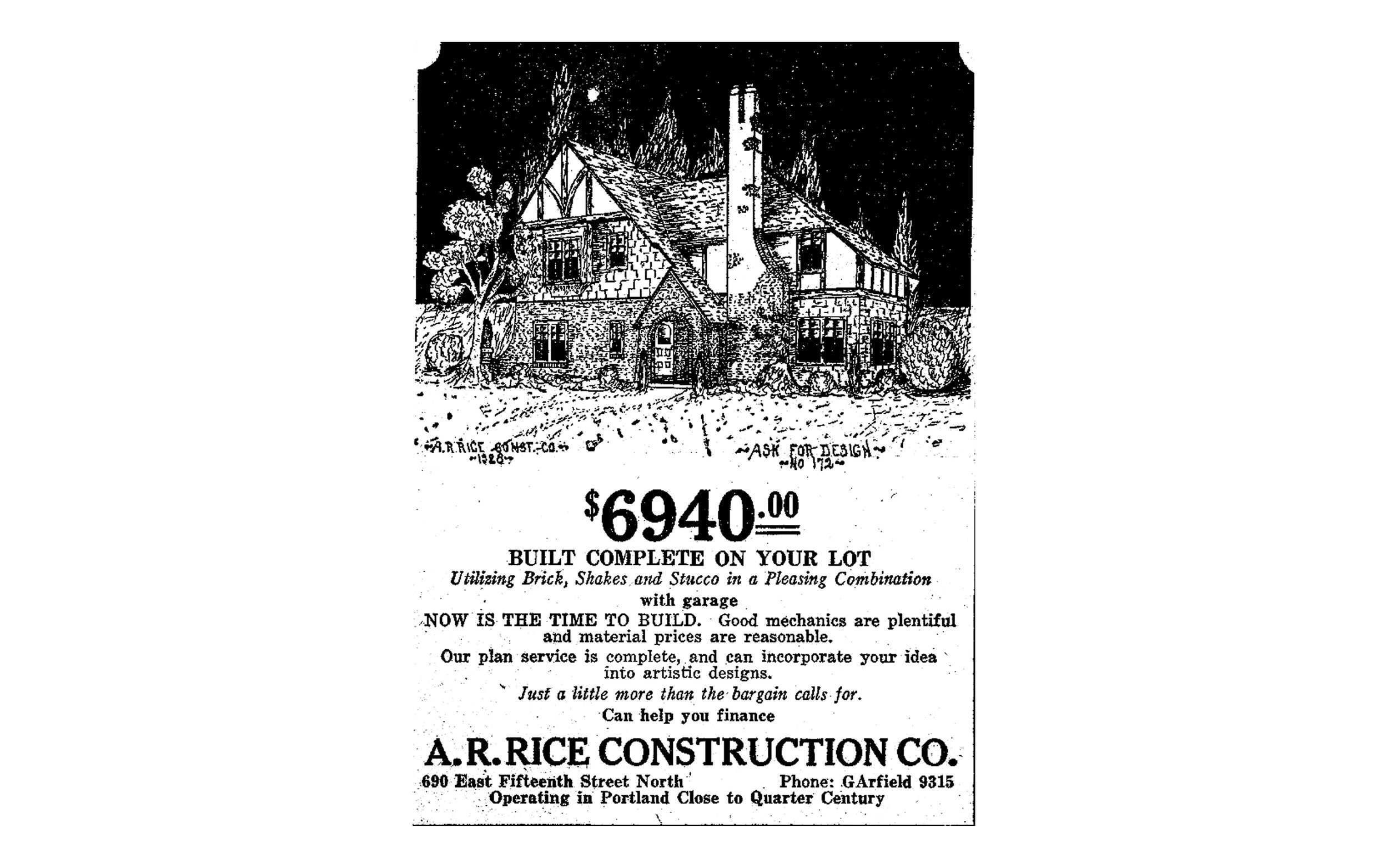  An ad for Archie Rice Construction, one of the most prolific builders in the Irvington neighborhood in the early 20th century.&nbsp; 