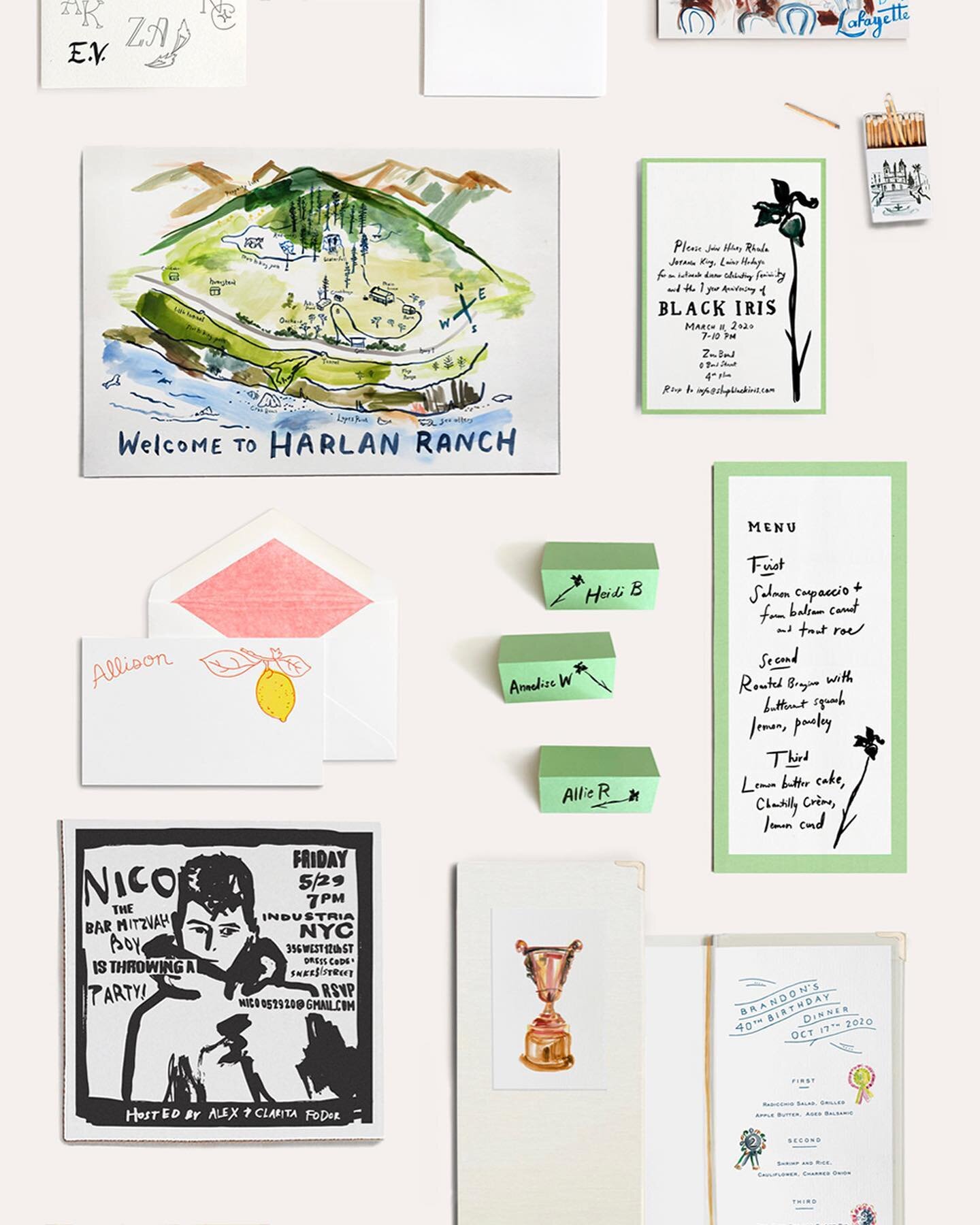 Part 2: selections of pieces from the new Custom Stationery section on my site. 🎺