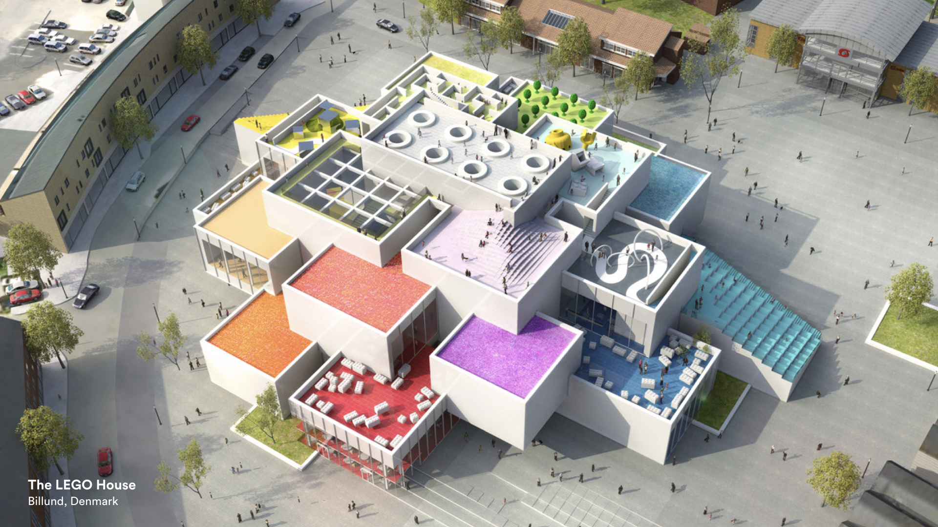 Rendering . The vision for the House was to create a public installation that could function as the heart of the city. The design permitted visitors to scale the exterior of the building and enter the building’s lobby without purchasing a ticket to the House. This public generosity was consistent with Billund’s commitment to be the “Capital of Children”.