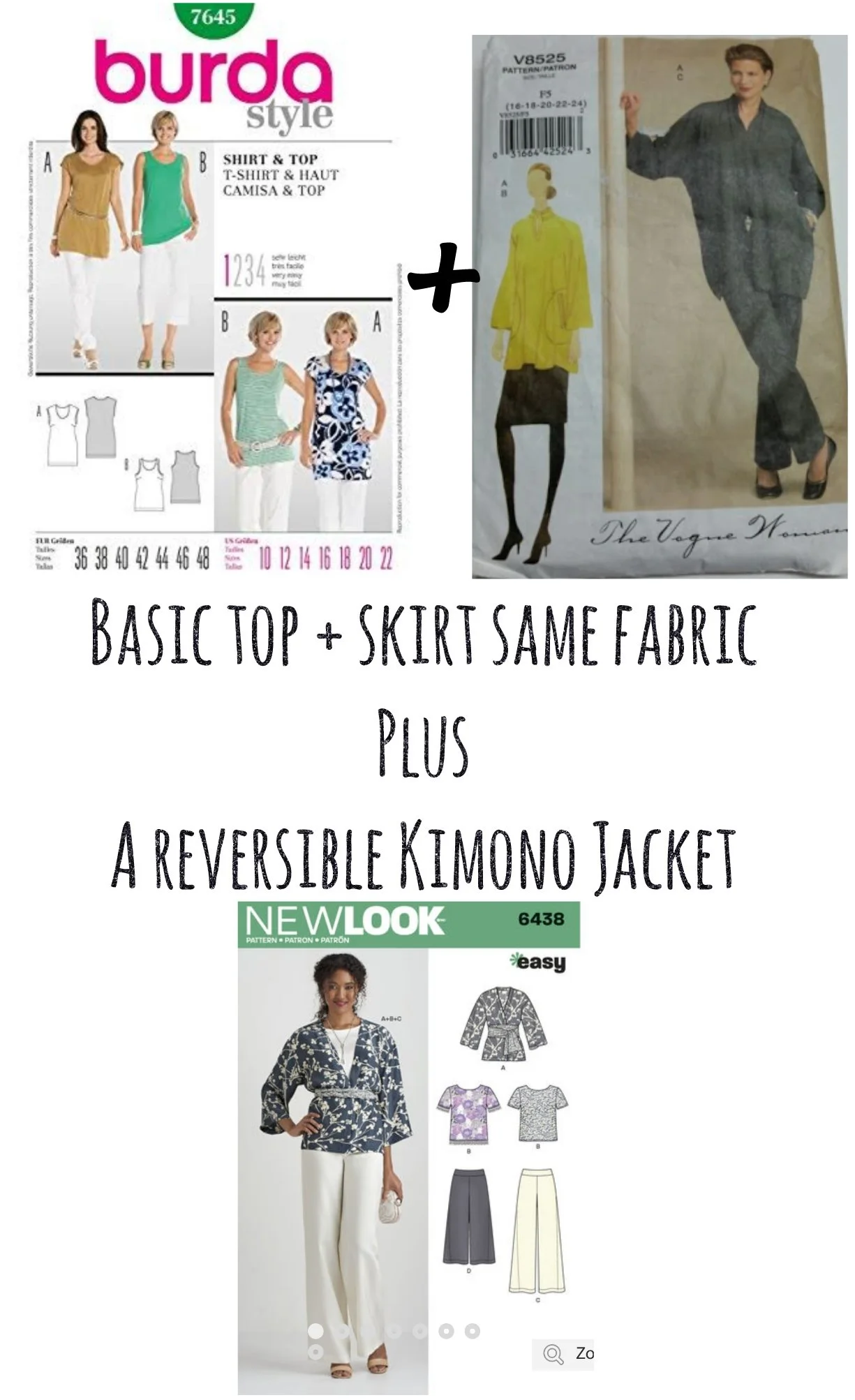  Burda 7645 Singlet Top Blue singlet top repeat wear (from Day 2) Vogue 8525 OOP Pull on Skirt Blue pull on elastic waisted skirt repeat wear (from Day 3) New Look 6438 Reversible Kimono Kimono made size 20 for an oversized look and finished all joining seams with flat felled seams. I turned back the sleeve and outer edges of the jacket so that the darker side of the Fabric edge finished the lighter side of this kimono. I could have done the reverse colourway but settled for this version. The Fabric was polyester and really was easy to work with. Taking the jacket for a museum visit was good as the air-conditioning was on! Day 9 The Pattern Details Vogue 1522 Woven Designer Japanese Voile top This top was a nice change! You may notice the sleeves are a lot longer on my version. I have short arms but this is ridiculous. Next time I will double check the length. I intend to shorten them to 3/4 length soon. I didn't do the added binding on the seam that joins the sleeve to the flounce...I didn't think the detail would be visible with this print. I will add that the top doesn't have front darts. I think it would have been a good idea to have them for a more comfortable fit. The neck is finished with a self bias and side splits. This top was surprisingly cool to wear. New Look 6461 Culottes in woven viscose Fabric with Elastic waist. Repeat wear from day 7 Vogue 9190 Lime boiled wool from melbrestash2017. Repeat wear from day 1. 