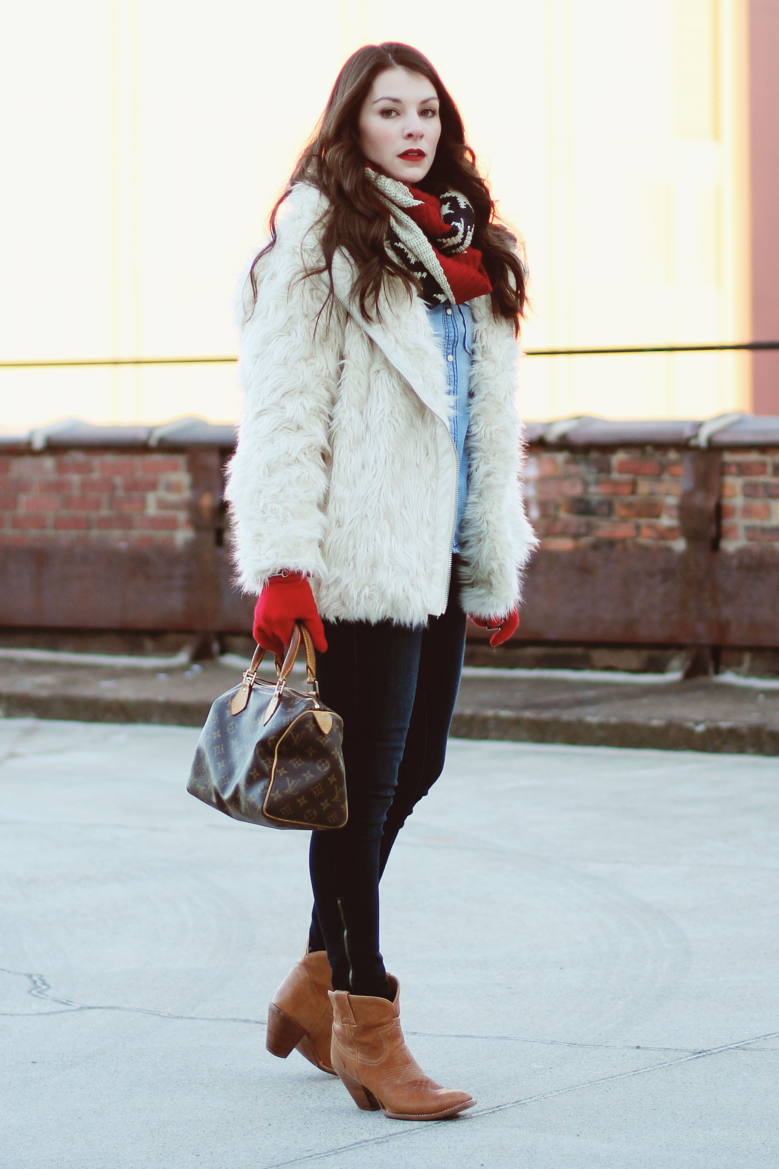 Winter Outfit, Faux Fur Coat, All Denim Canadian Tuxedo, American Flag Infinity Scarf, Ray-Ban Clubmasters, Louis Vuitton Speedy 25