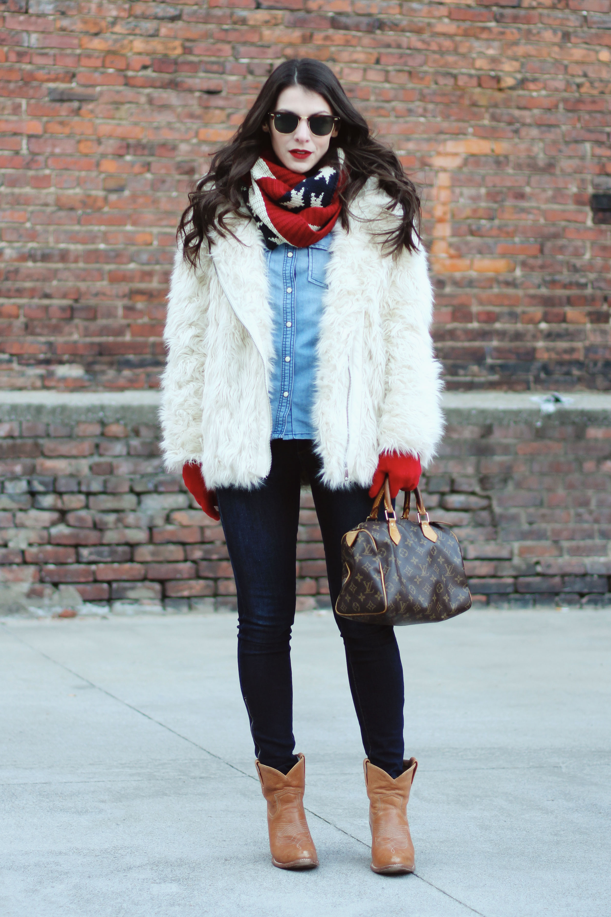 Winter Outfit, Faux Fur Coat, All Denim Canadian Tuxedo, American Flag Infinity Scarf, Ray-Ban Clubmasters, Louis Vuitton Speedy 25
