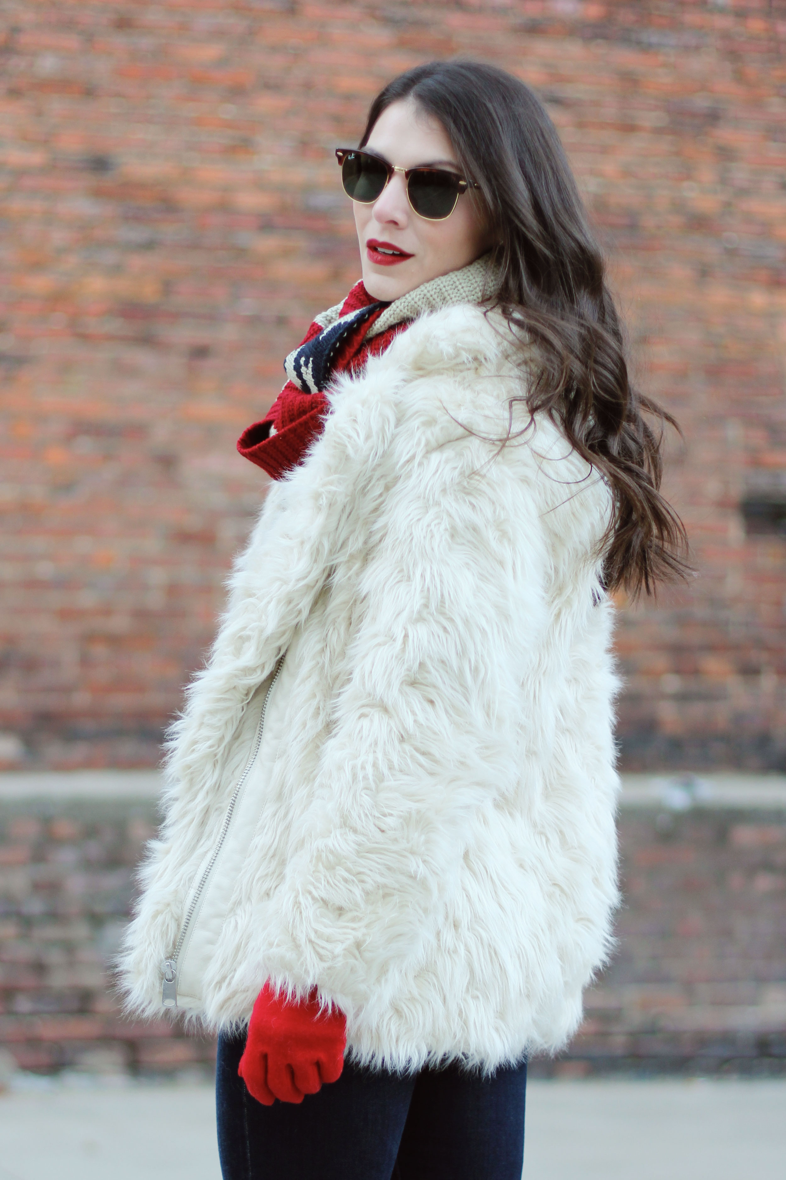 Winter Outfit, Faux Fur Coat, All Denim Canadian Tuxedo, American Flag Infinity Scarf, Ray-Ban Clubmasters, Louis Vuitton Speedy 25