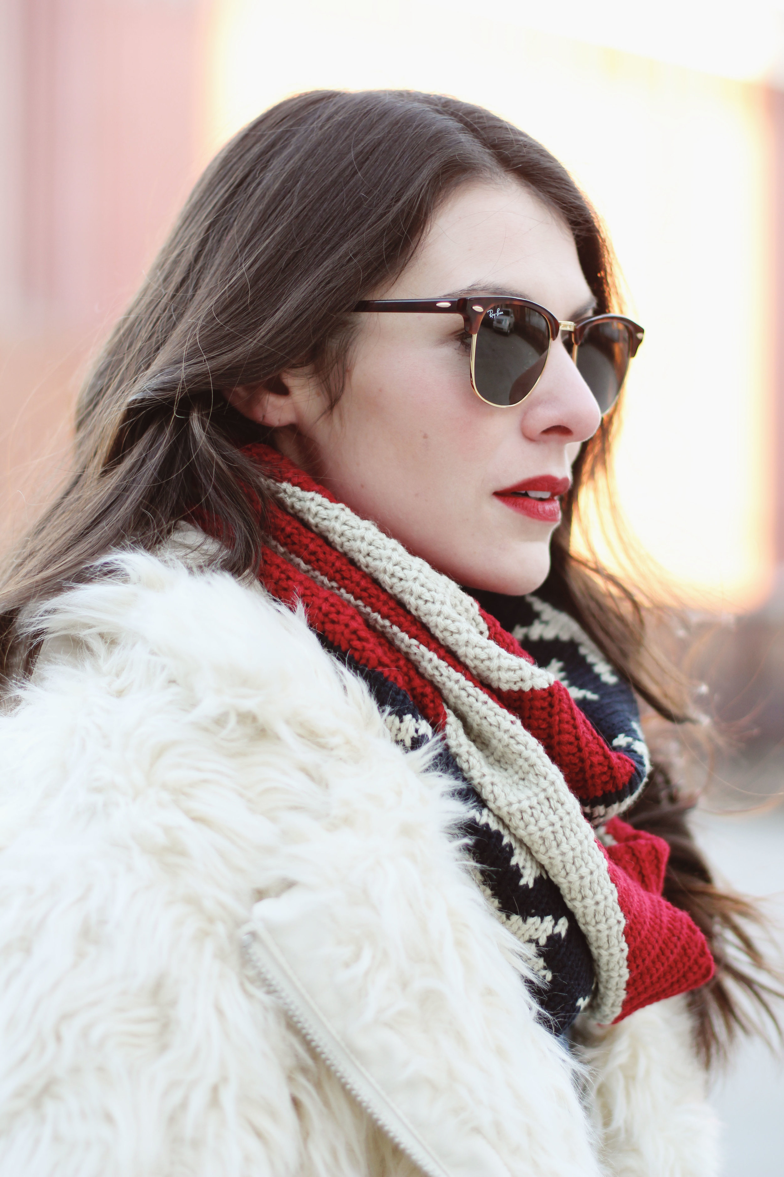 Winter Outfit, Faux Fur Coat, All Denim Canadian Tuxedo, American Flag Infinity Scarf, Ray-Ban Clubmasters, Louis Vuitton Speedy 25