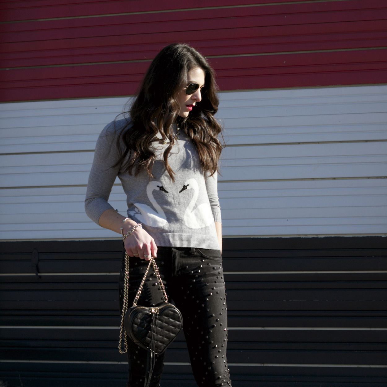 Valentine's Day Outfit, Red Pumps, Rebecca Minkoff Heart Bag, Swan Heart Sweater