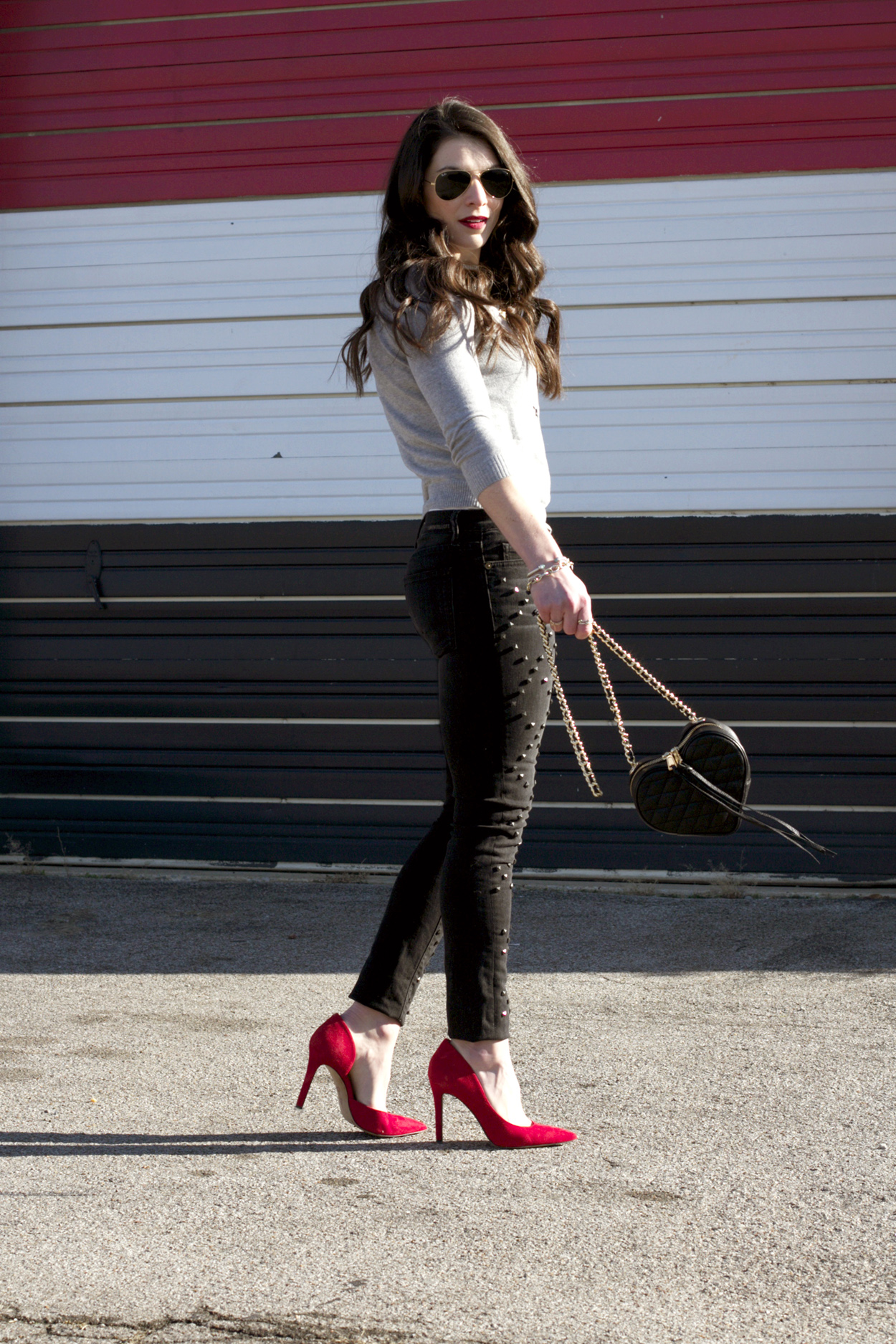 Valentine's Day Outfit, Red Pumps, Rebecca Minkoff Heart Bag, Swan Heart Sweater