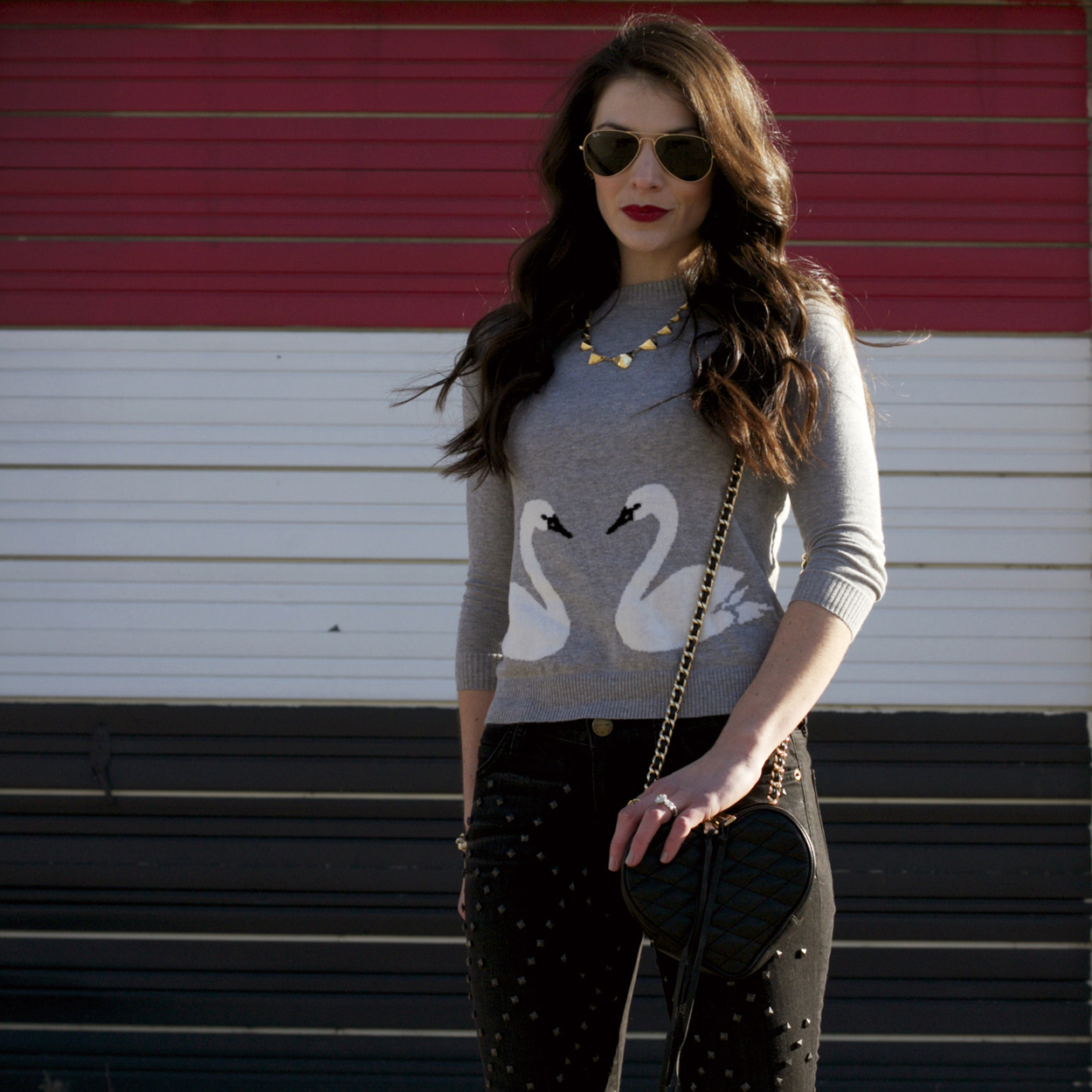 Valentine's Day Outfit, Red Pumps, Rebecca Minkoff Heart Bag, Swan Heart Sweater