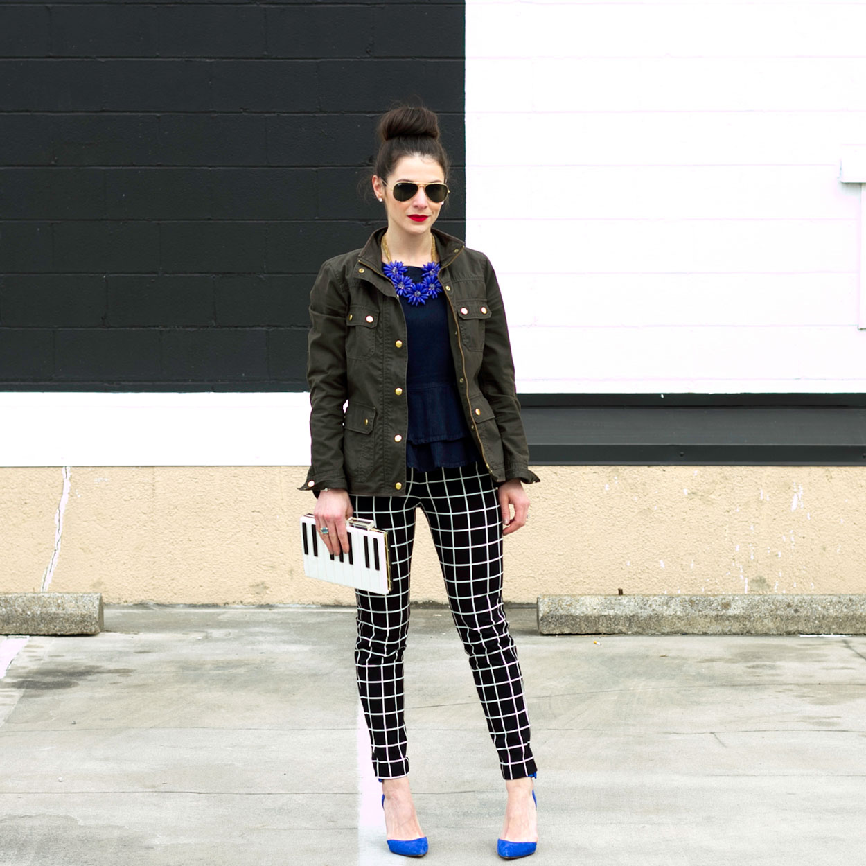 Old Navy Pixie Pants, J.Crew Field Jacket, Jessica Simpson Pumps, Blue Suede Shoes, Top Knot, Black and White Pants, Denim Peplum Top, Kate Spade Clutch