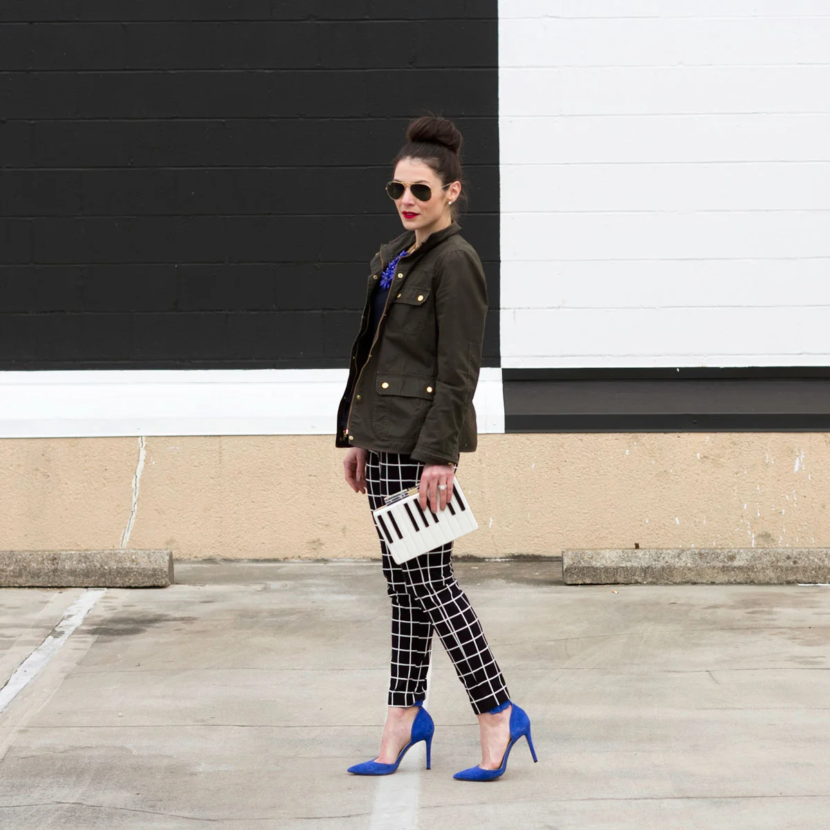 Old Navy Pixie Pants, J.Crew Field Jacket, Jessica Simpson Pumps, Blue Suede Shoes, Top Knot, Black and White Pants, Denim Peplum Top, Kate Spade Clutch
