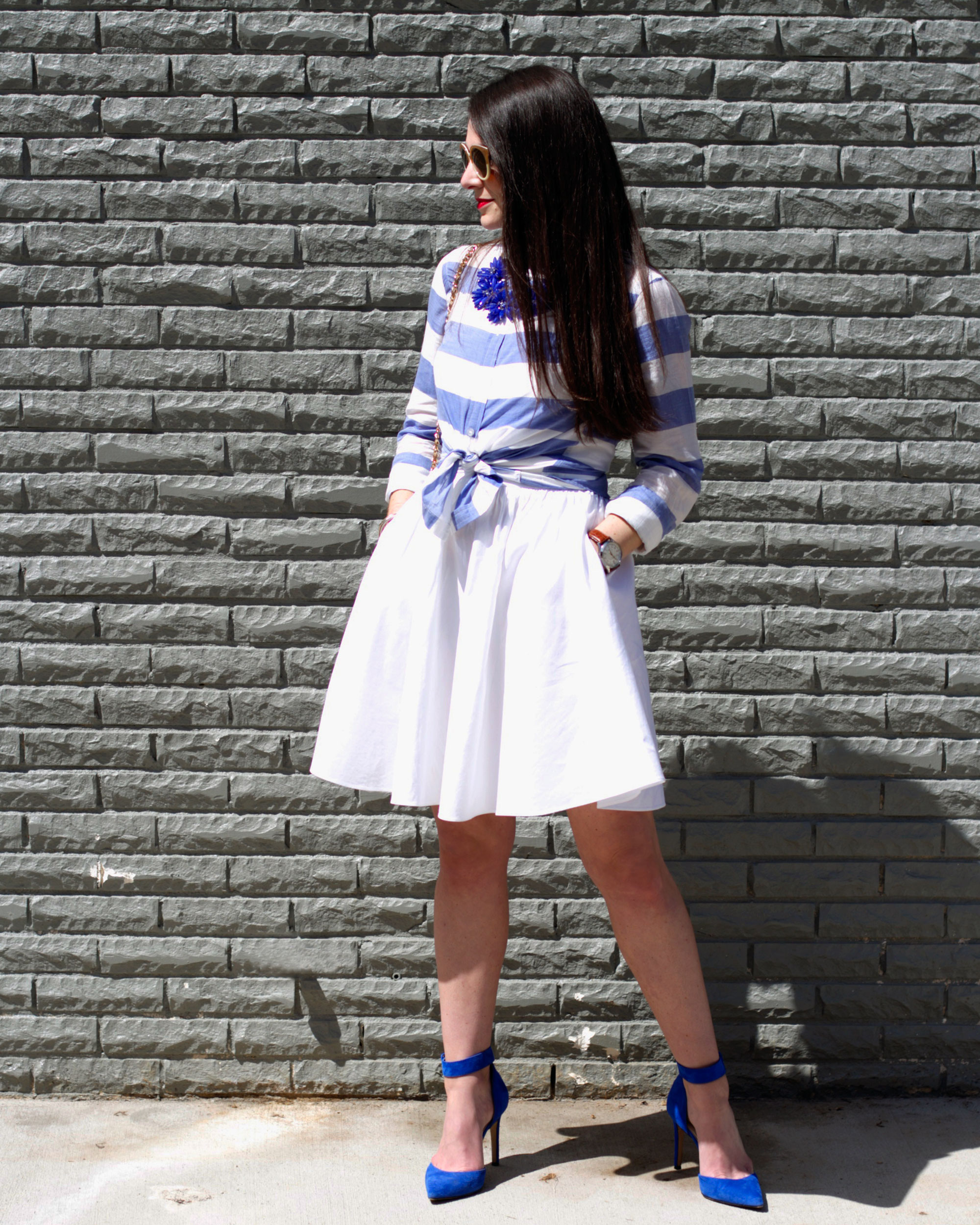 Easter Outfit, Button-Up Blouse over Dress, Dress as a Skirt, Apron Dress, Tory Burch Sunglasses, Jessica Simpson Pumps, Blue Suede Shoes, Vintage Chanel Handbag