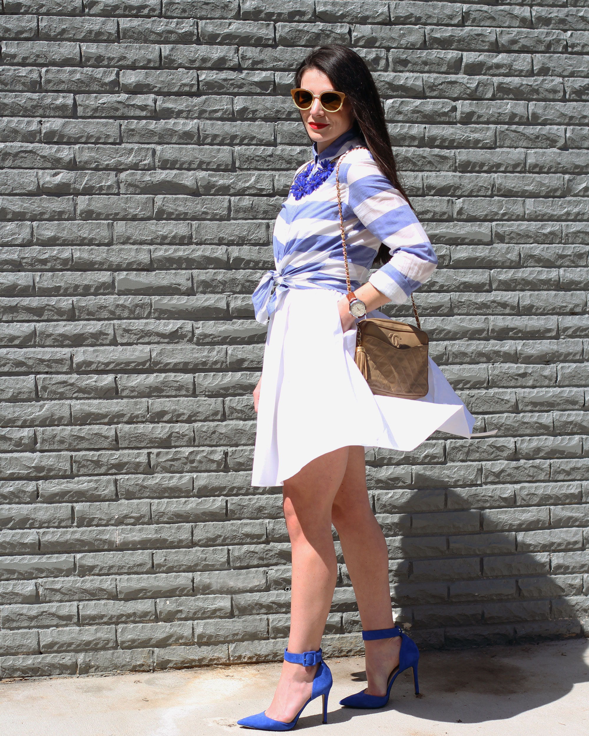 Easter Outfit, Button-Up Blouse over Dress, Dress as a Skirt, Apron Dress, Tory Burch Sunglasses, Jessica Simpson Pumps, Blue Suede Shoes, Vintage Chanel Handbag