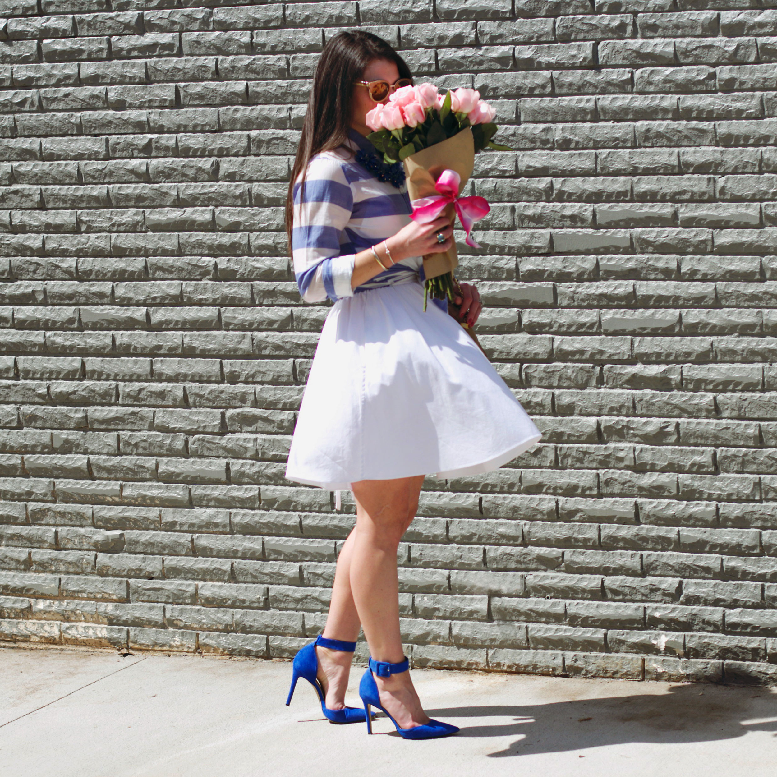 Easter Outfit, Button-Up Blouse over Dress, Dress as a Skirt, Apron Dress, Tory Burch Sunglasses, Jessica Simpson Pumps, Blue Suede Shoes, Vintage Chanel Handbag