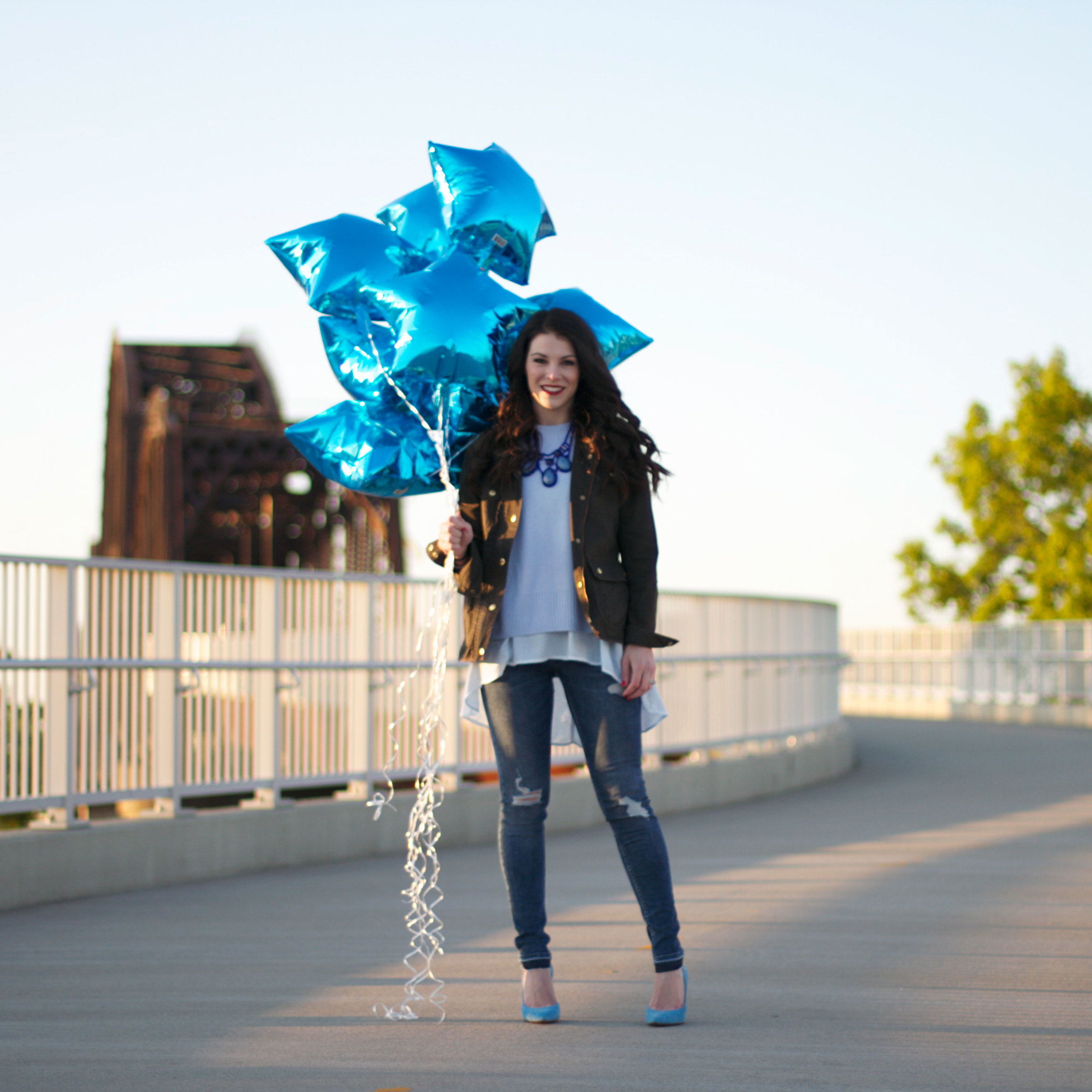 Fashion Blogger, Spring Layering, Spring Sweater, Monochromatic Outfit, Blue Star Balloons, Birthday Balloons, J.Crew Field Jacket, Sunflowers, Cole Haan Handbag, Jessica Simpson Claudette Pumps