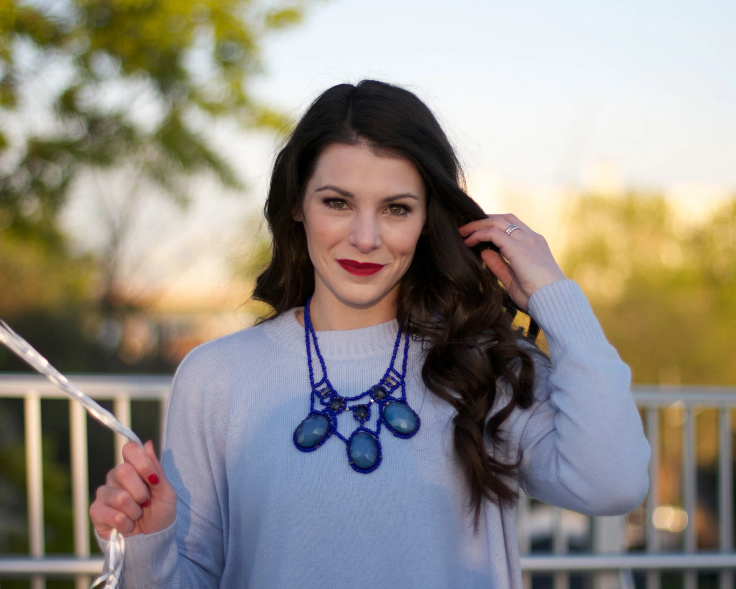 Fashion Blogger, Spring Layering, Spring Sweater, Monochromatic Outfit, Blue Star Balloons, Birthday Balloons, J.Crew Field Jacket, Sunflowers, Cole Haan Handbag, Jessica Simpson Claudette Pumps