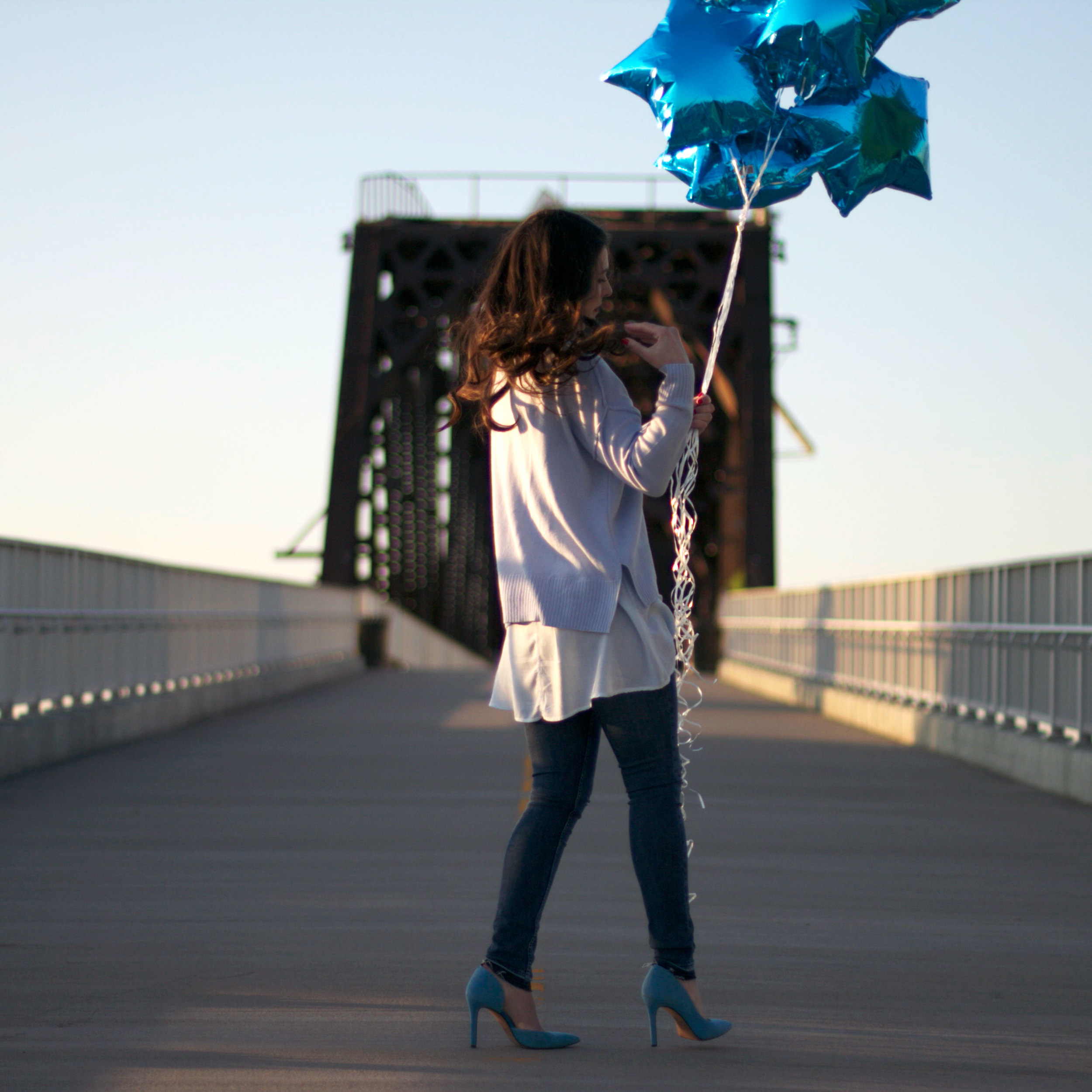 Fashion Blogger, Spring Layering, Spring Sweater, Monochromatic Outfit, Blue Star Balloons, Birthday Balloons, J.Crew Field Jacket, Sunflowers, Cole Haan Handbag, Jessica Simpson Claudette Pumps