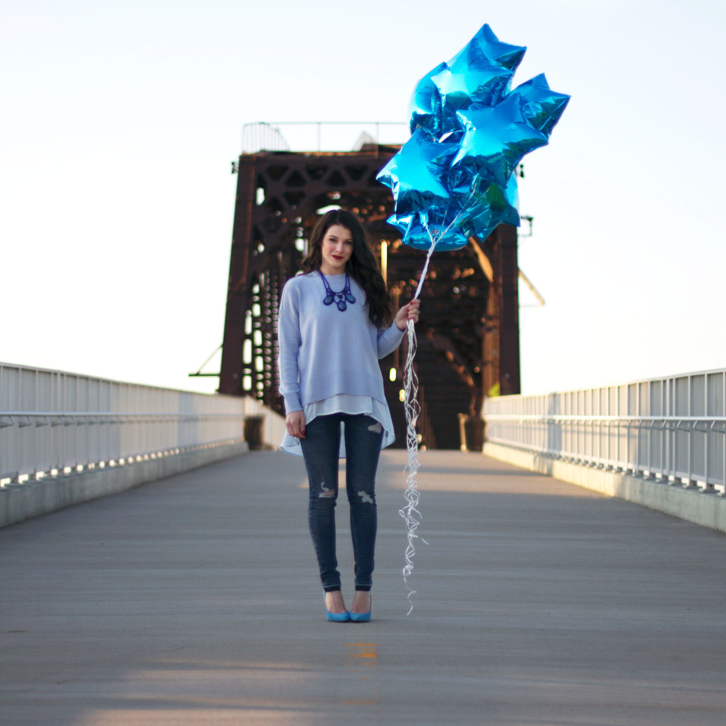 Fashion Blogger, Spring Layering, Spring Sweater, Monochromatic Outfit, Blue Star Balloons, Birthday Balloons, J.Crew Field Jacket, Sunflowers, Cole Haan Handbag, Jessica Simpson Claudette Pumps