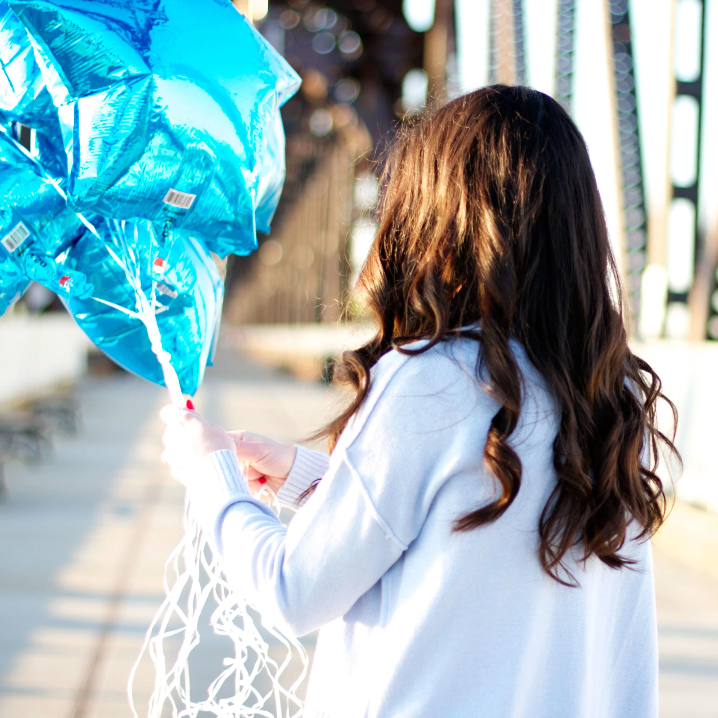 Fashion Blogger, Spring Layering, Spring Sweater, Monochromatic Outfit, Blue Star Balloons, Birthday Balloons, J.Crew Field Jacket, Sunflowers, Cole Haan Handbag, Jessica Simpson Claudette Pumps