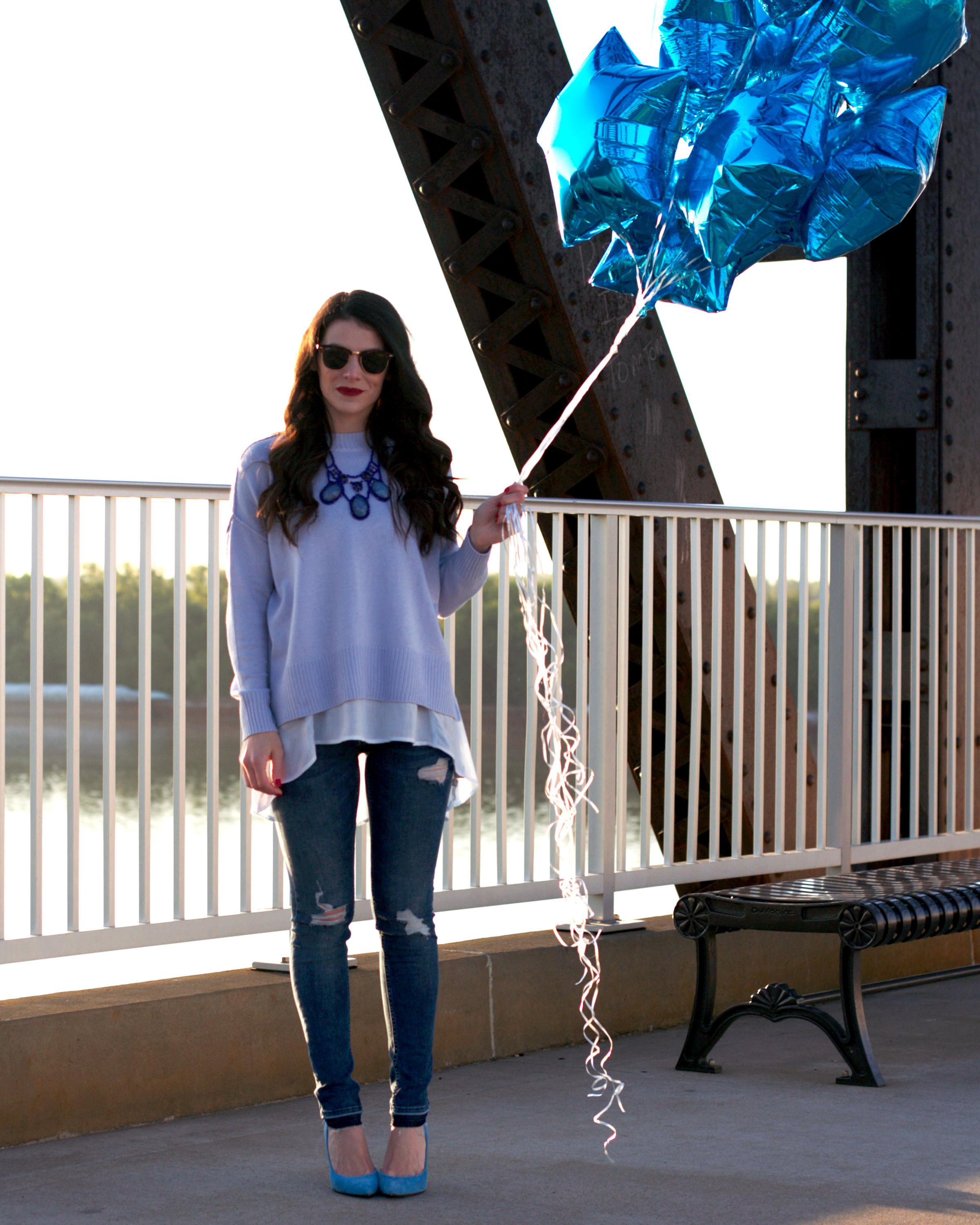 Fashion Blogger, Spring Layering, Spring Sweater, Monochromatic Outfit, Blue Star Balloons, Birthday Balloons, J.Crew Field Jacket, Sunflowers, Cole Haan Handbag, Jessica Simpson Claudette Pumps