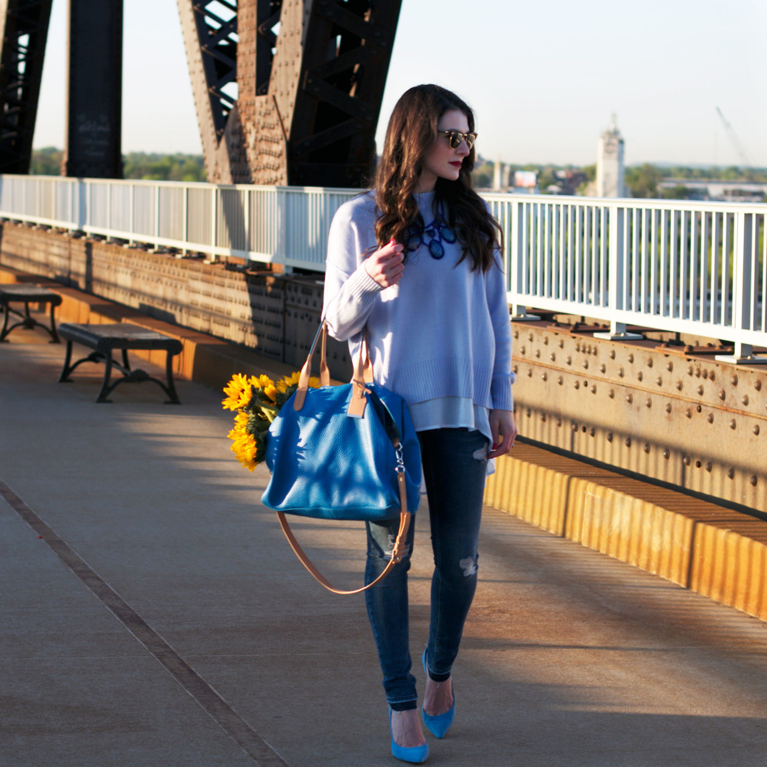 Fashion Blogger, Spring Layering, Spring Sweater, Monochromatic Outfit, Blue Star Balloons, Birthday Balloons, J.Crew Field Jacket, Sunflowers, Cole Haan Handbag, Jessica Simpson Claudette Pumps