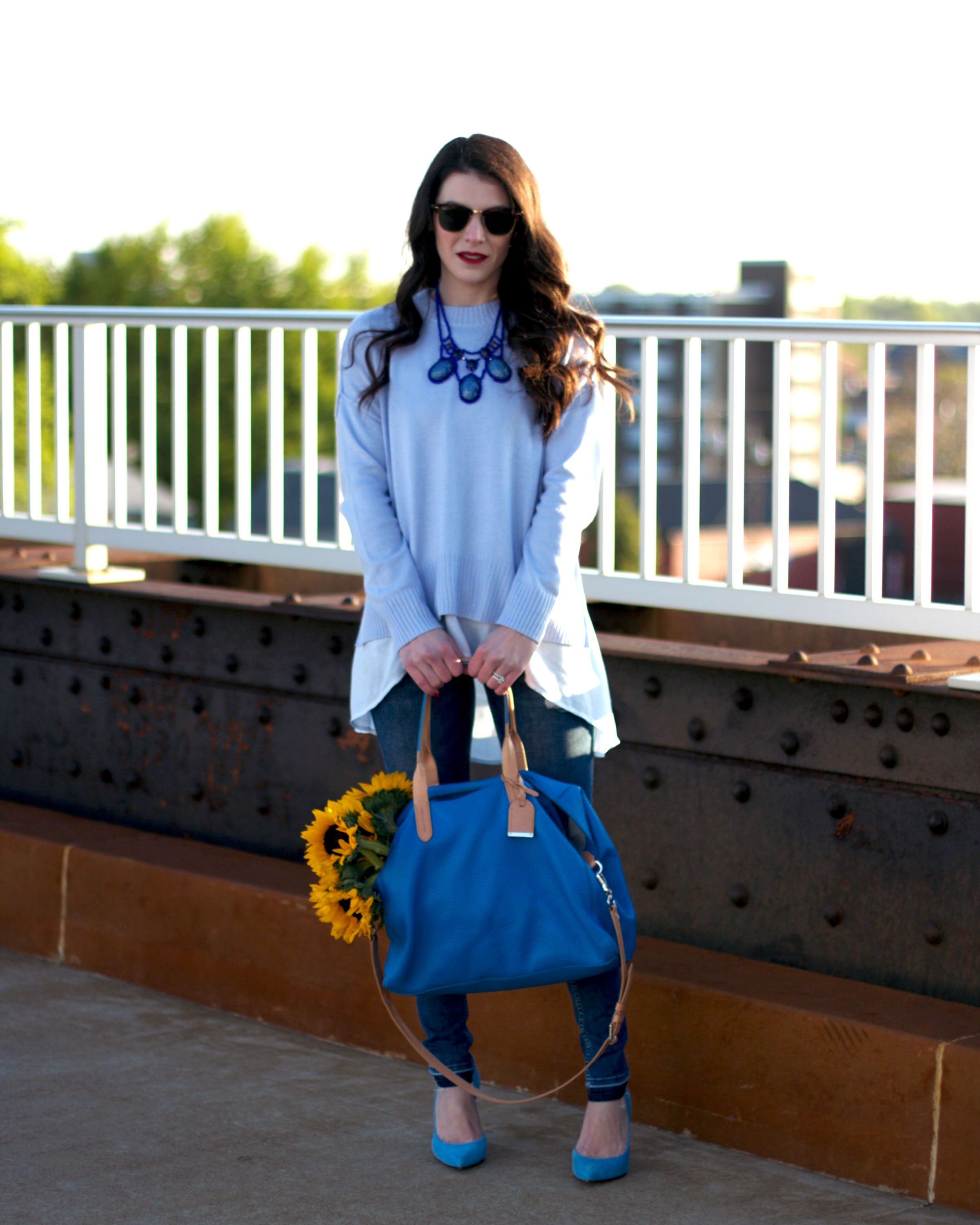 Fashion Blogger, Spring Layering, Spring Sweater, Monochromatic Outfit, Blue Star Balloons, Birthday Balloons, J.Crew Field Jacket, Sunflowers, Cole Haan Handbag, Jessica Simpson Claudette Pumps