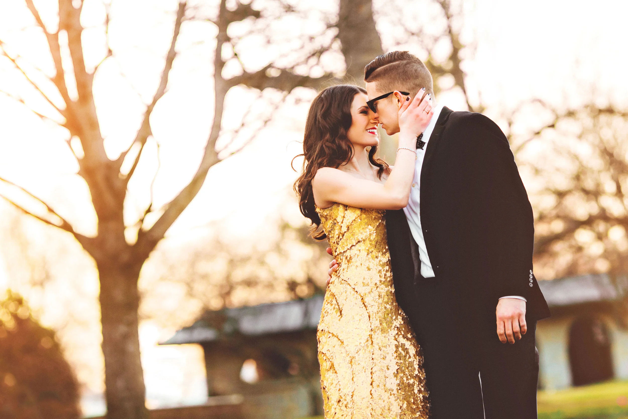 Engagement Photos, Black Tie, Sequin Dress, Old Hollywood Engagement Photos, Rent the Runway, Vintage Chanel
