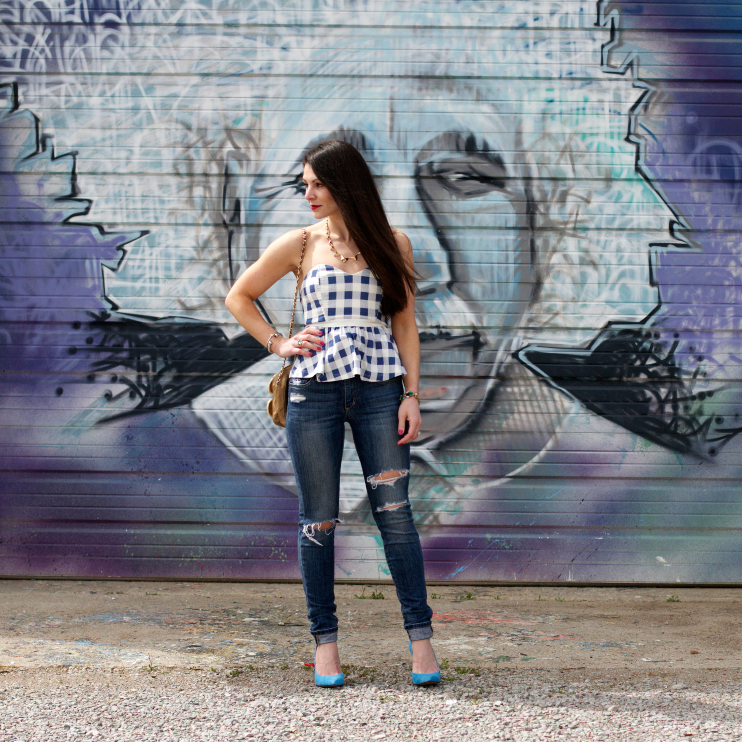 Gingham Top, Distressed Joe's Jeans, Blue Jessica Simpson Claudette Pumps, Vintage Chanel Bag, Tory Burch Sunglasses, Spray Paint Mural