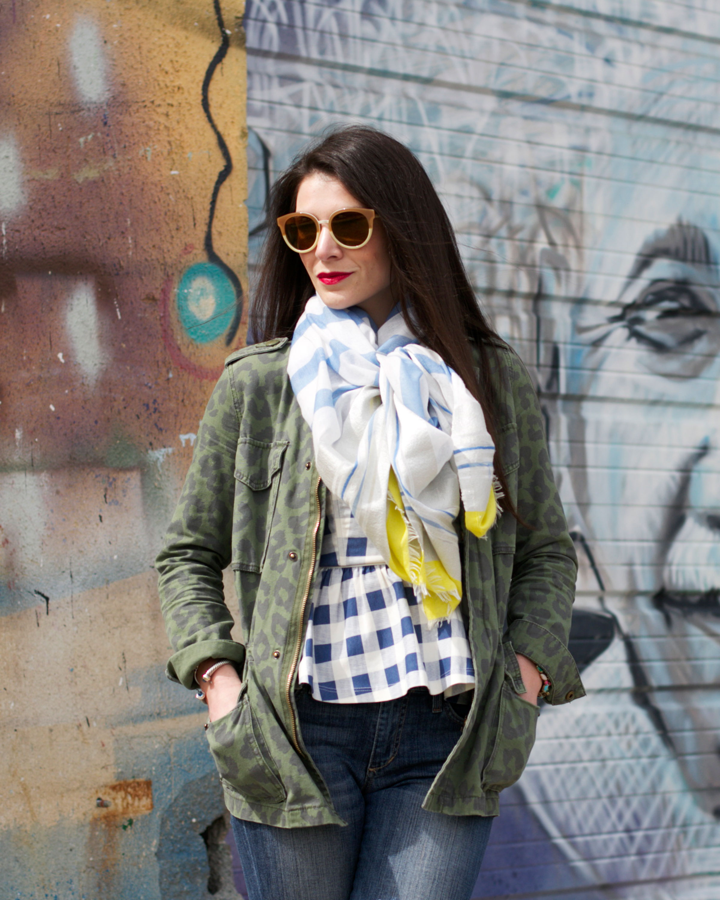 Gingham Top, Distressed Joe's Jeans, Blue Jessica Simpson Claudette Pumps, Vintage Chanel Bag, Tory Burch Sunglasses, Spray Paint Mural