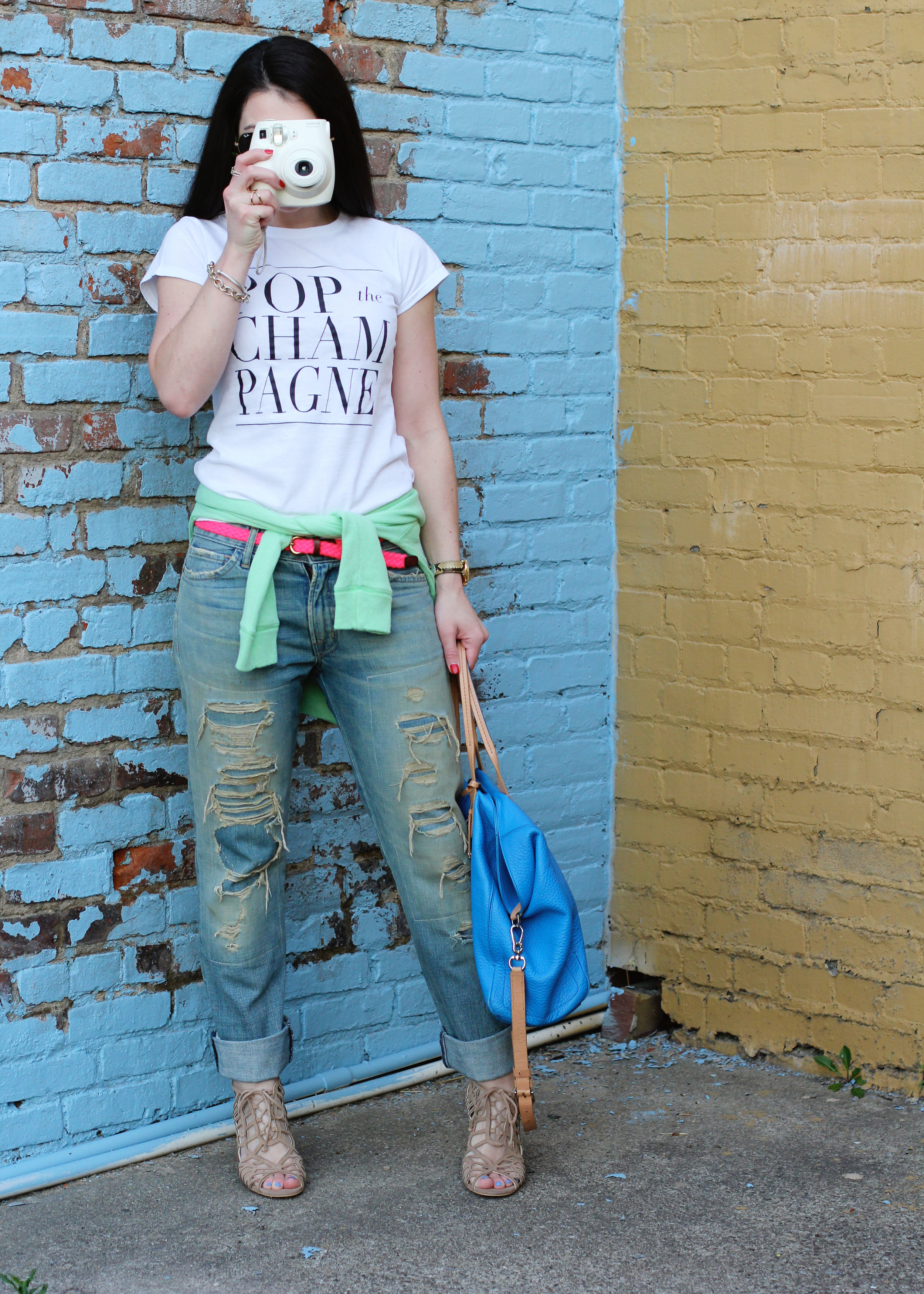 POP The Champagne T-Shirt, T&J Designs, Current Elliott Boyfriend Jeans, Neon Pink Belt, Neon Green Sweatshirt, Blue Cole Haan Handbag, Fashion Blogger, Summer Style