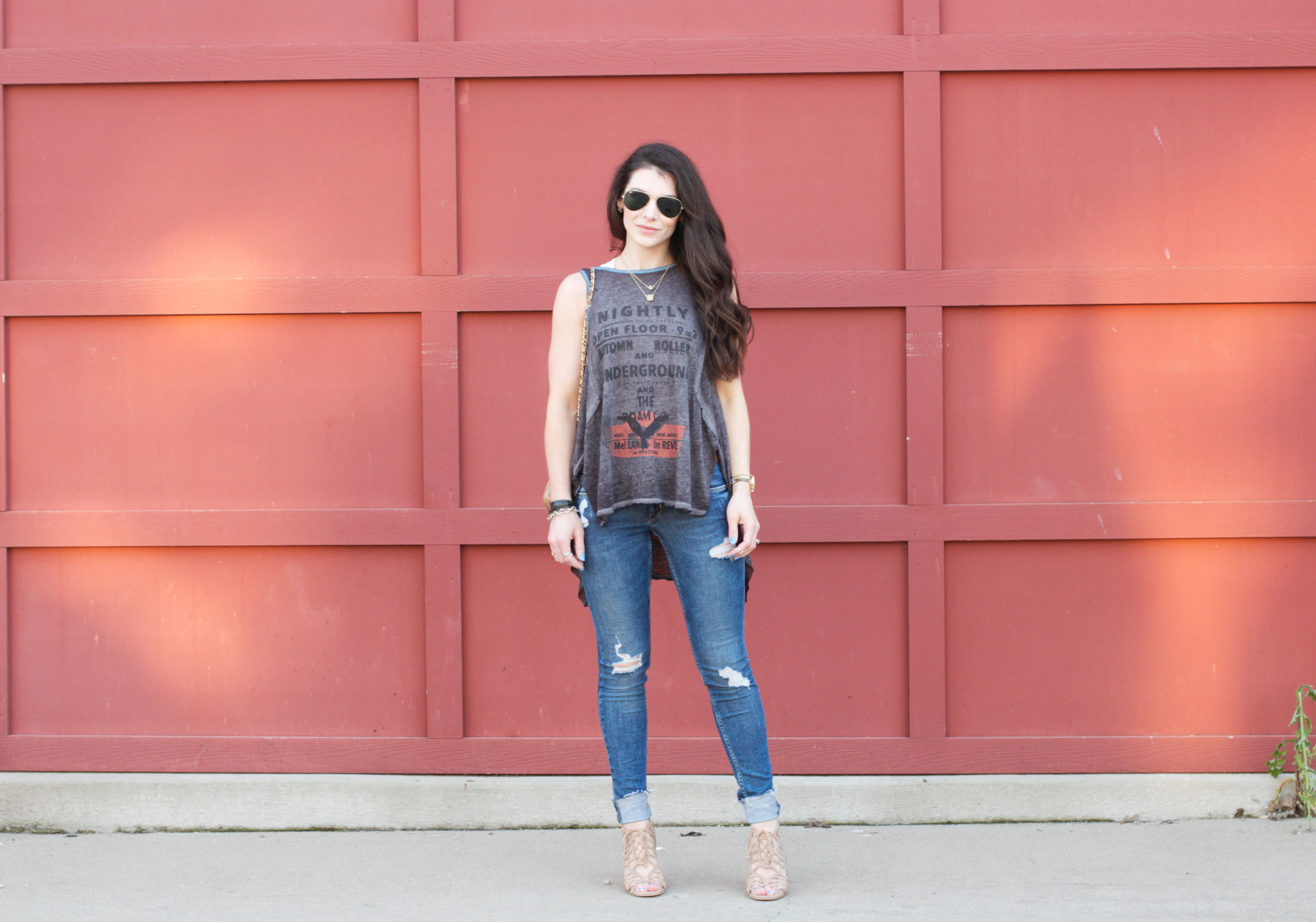 Fashion Blogger, Summer Style, Free People, Distressed Denim Skinny Jeans, Druzy Necklace, Dolce Vita Caged Sandals