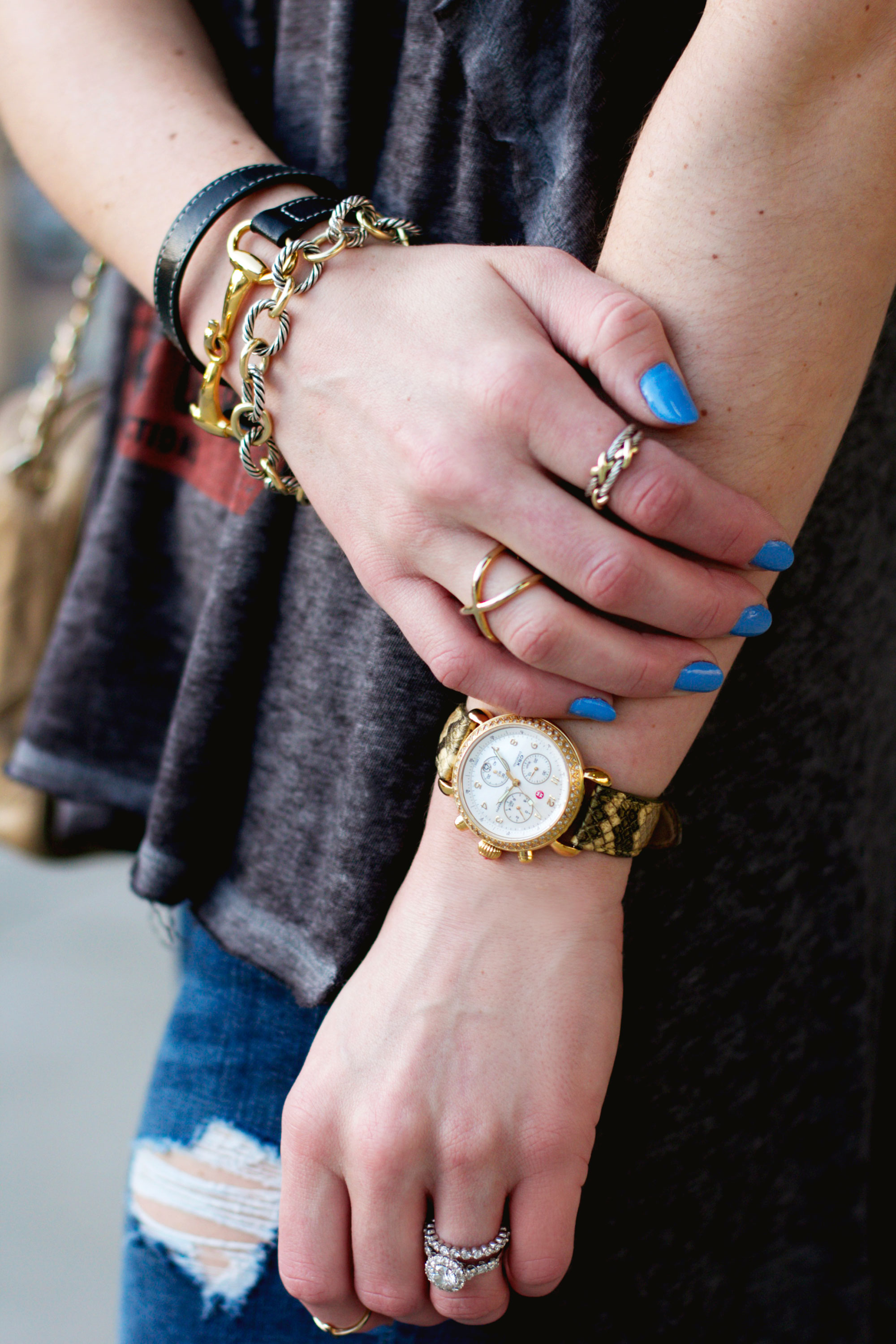 David Yurman Bracelets, Michele Gold Watch with Diamonds, Sally Hansen Insta-Dri "Set Sail" Blue Nail Polish