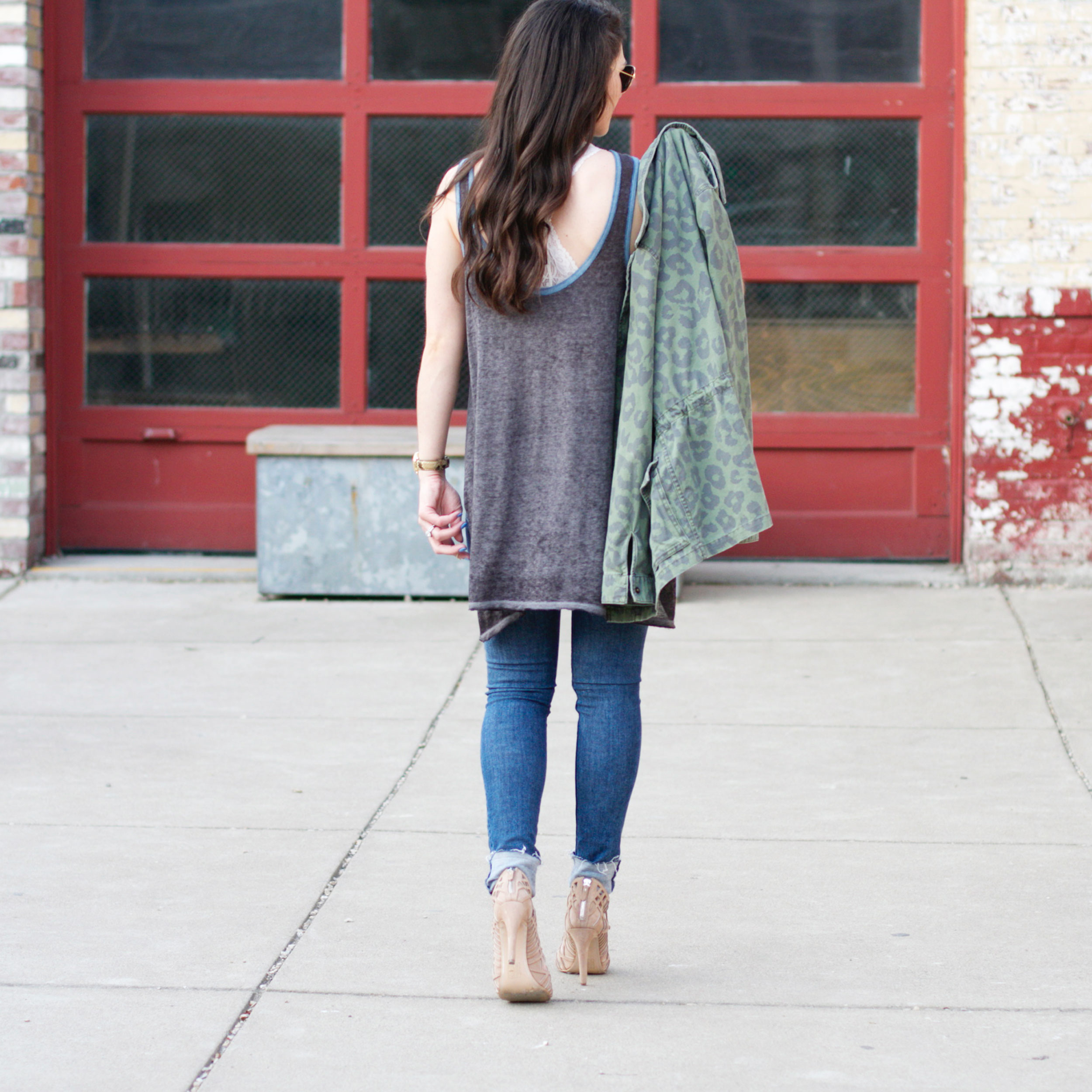 Fashion Blogger, Summer Style, Free People, Distressed Denim Skinny Jeans, Druzy Necklace, Dolce Vita Caged Sandals, Green Anorak
