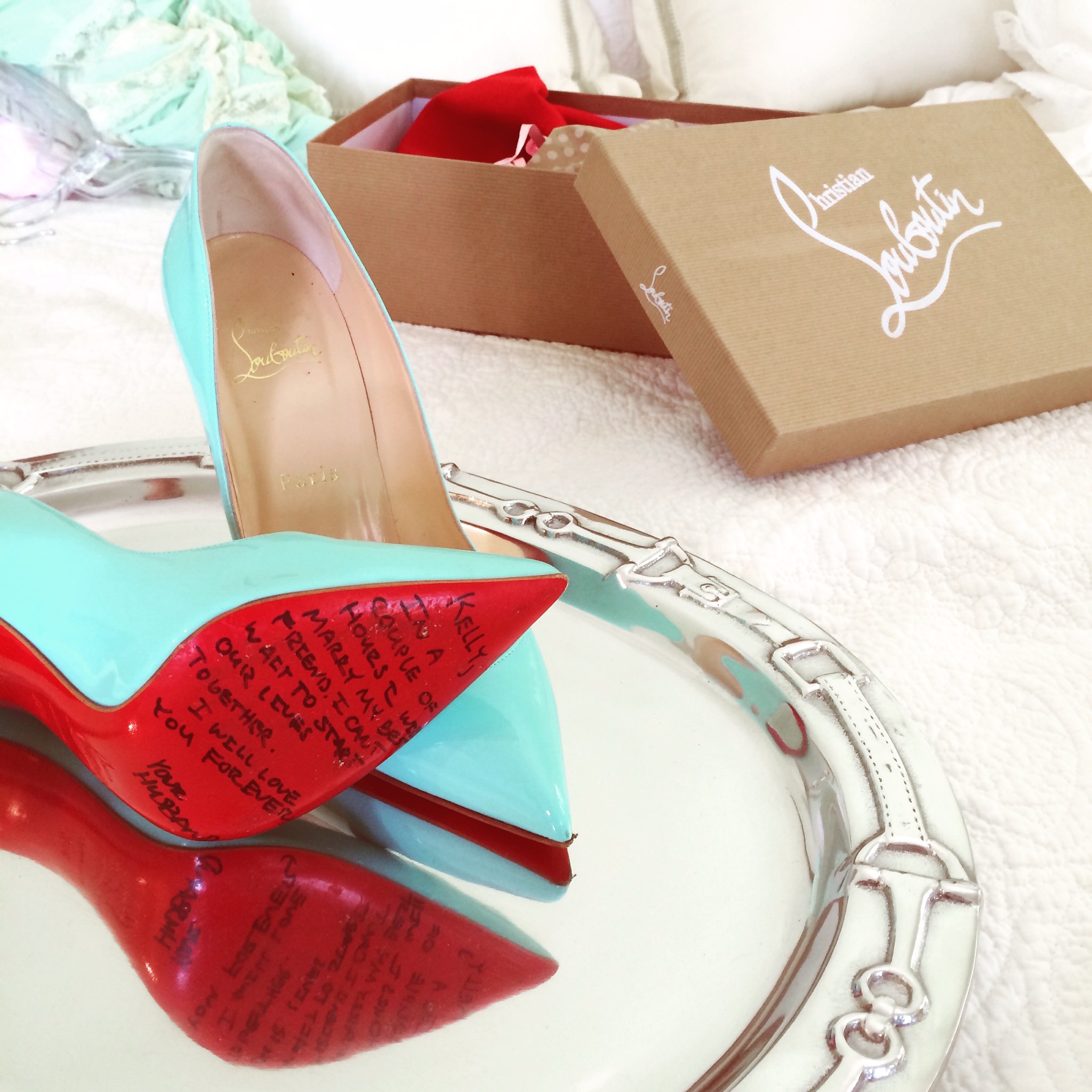 Christian Louboutin Wedding Shoes, Love Letter from Groom, Blue Wedding Shoes
