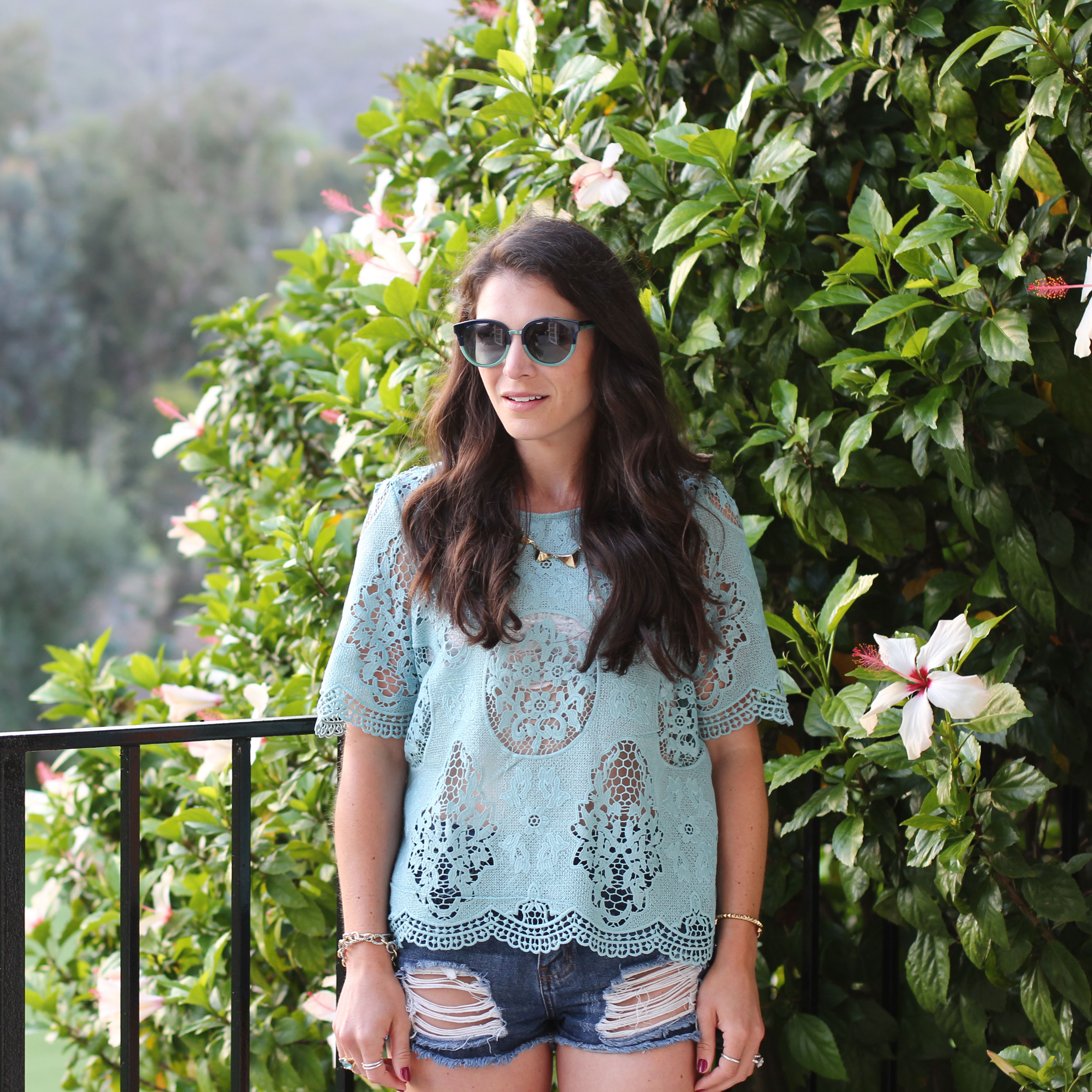 J.O.A Lace Top, Tory Burch Sunglasses, House of Harlow 1960 Necklace, Cutoff Jean Shorts, Ankle Wrap Sam Edelman Sandals, Nude Sandals, Fashion Blogger Summer Style