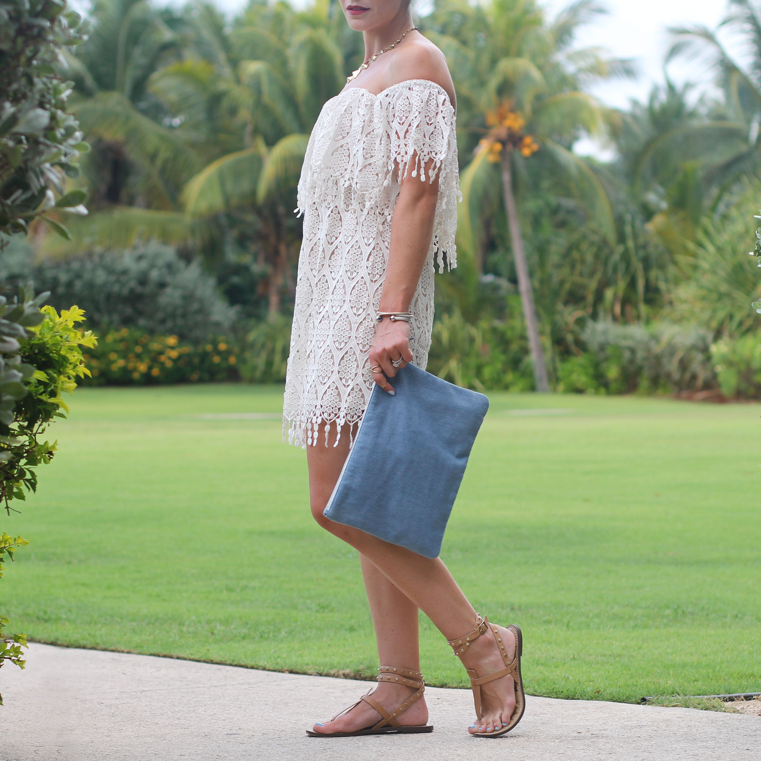 Stone Cold Fox Iowa Dress, Off The Shoulder Dress, Forever 21 Denim Clutch, Vacation Style, Grand Cayman Rtiz Carlton, David Yurman Cable Classics, Top Knot, Nude Sandals, Sam Edelman Gigi, CND Gel