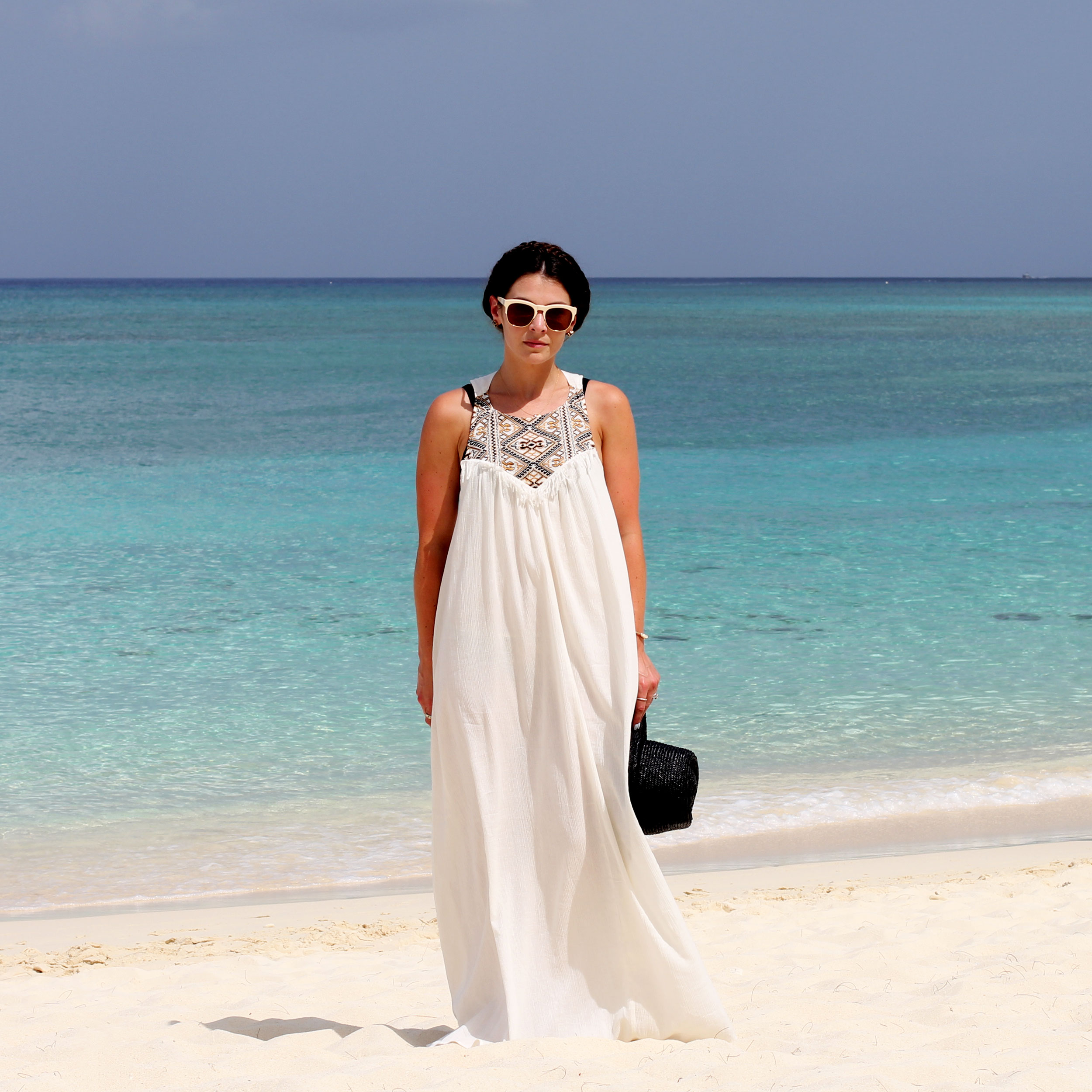 Volcom Under The Moon Maxi Dress, Beach Style, Fashion Blogger, Grand Cayman, Summer Style, Beach, Maxi Dress Coverup, Milkmaid Braids, Wildfox Wayfarer Sunglasses