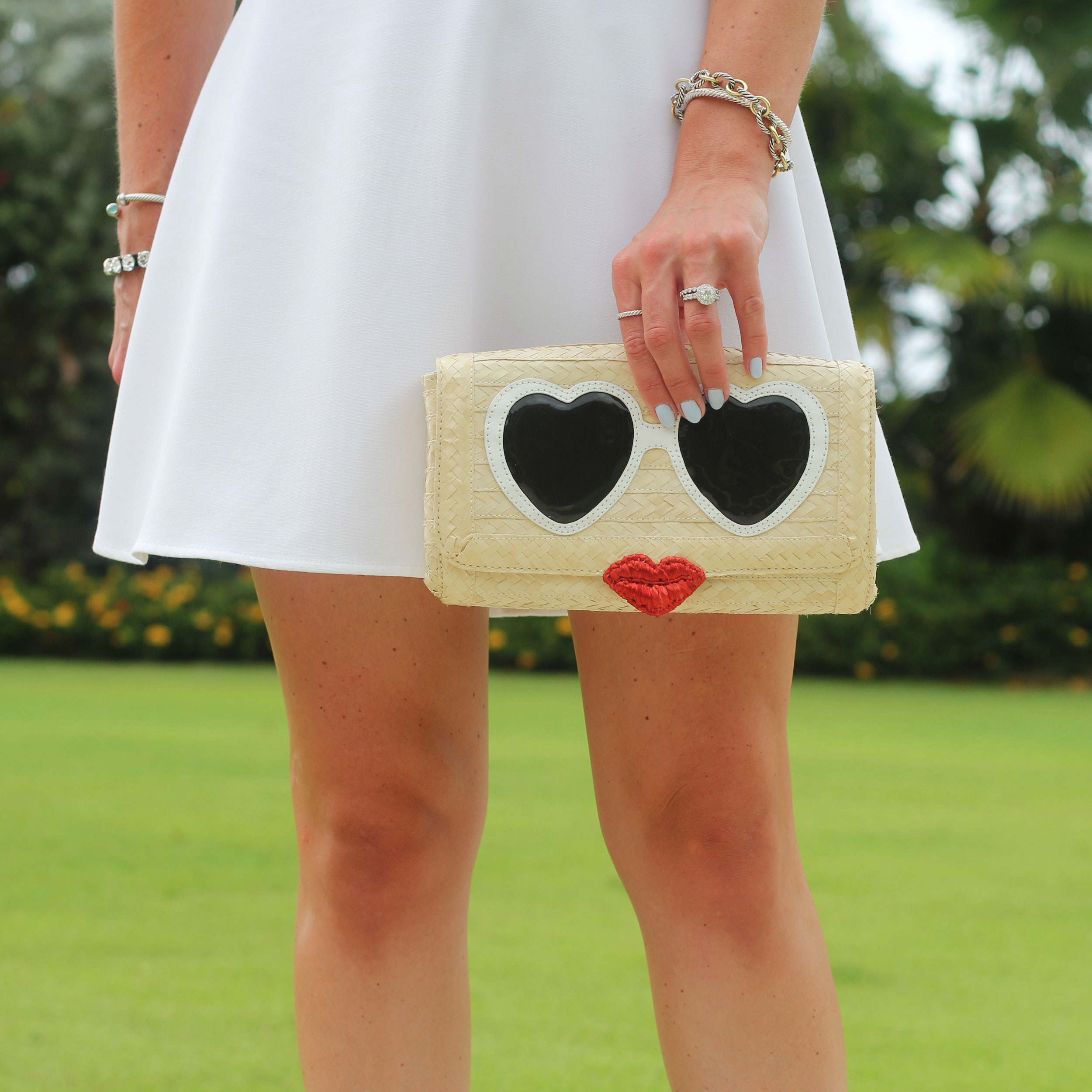 French Connection Feather Ruth Fit and Flare Dress, Little White Dress, Summer Style, Vacation Fashion, Kate Spade Clutch, Seychelles Shoes, David Yurman Bracelets