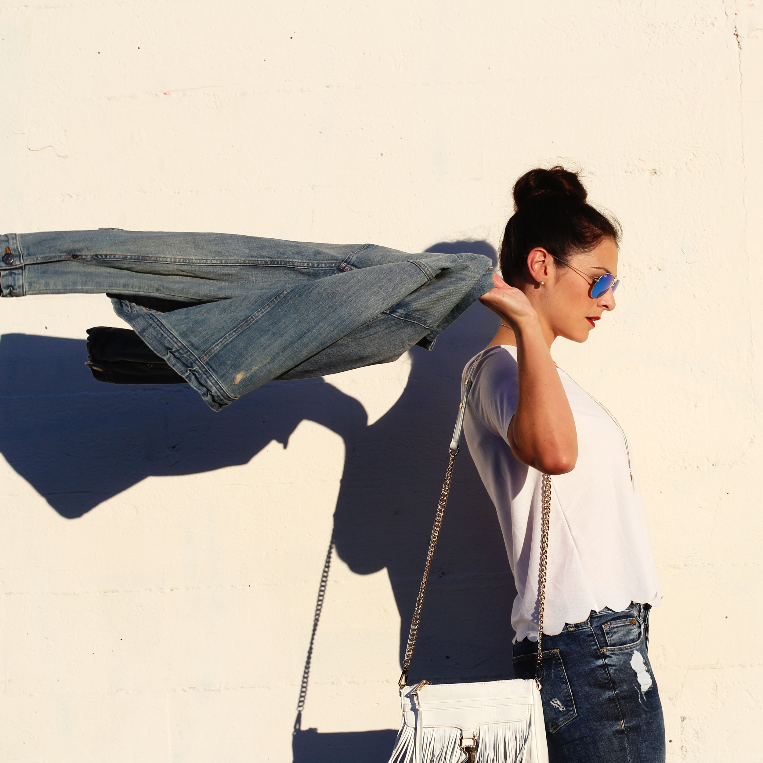 Topshop Scallop Frill Tee, J.Crew Denim Jacket, Rebecca Minkoff Mini MAC Fringe, Ray-Ban Mirrored Lens Aviators, Dolce Vita Sandals, Vintage Locket Necklace