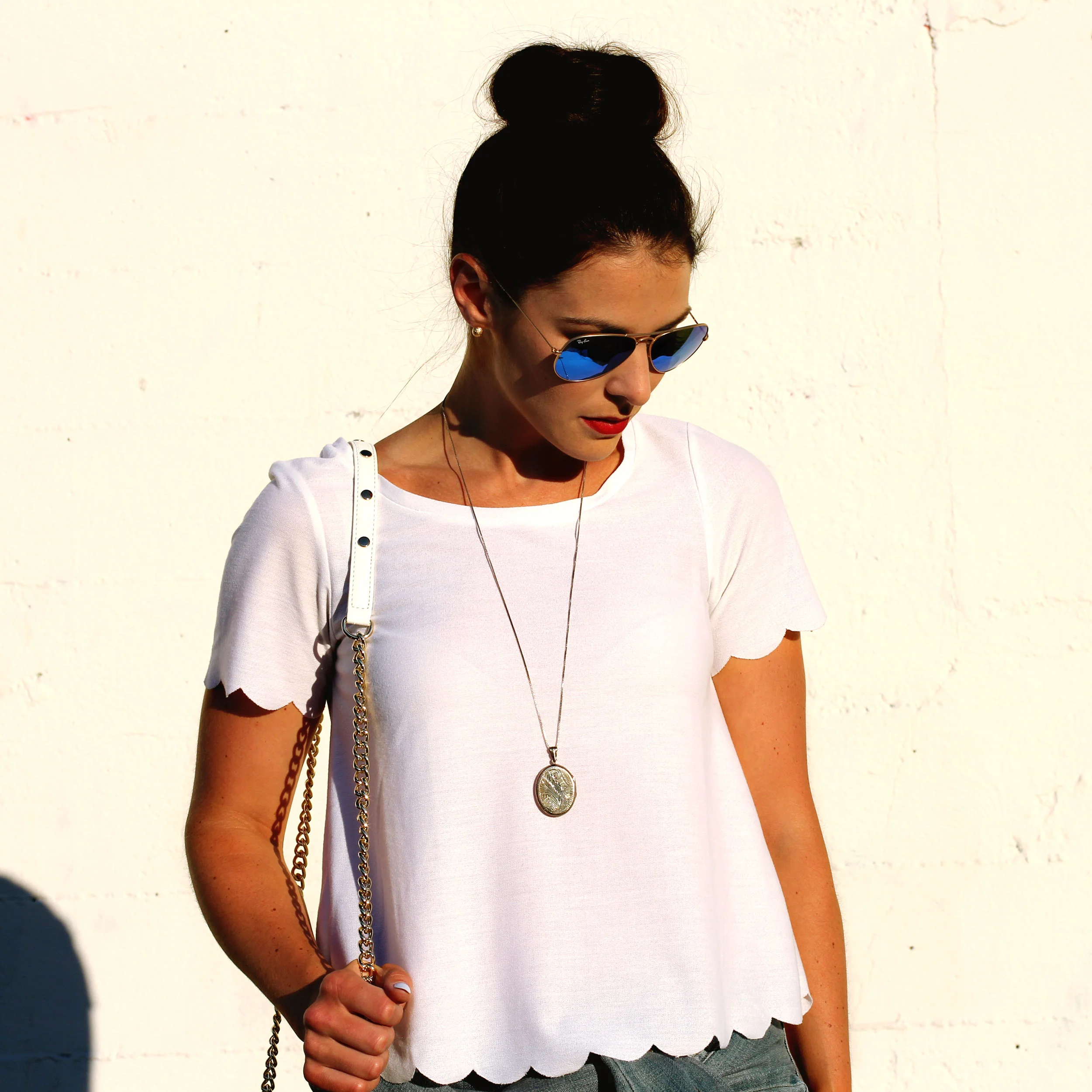 Topshop Scallop Frill Tee, J.Crew Denim Jacket, Rebecca Minkoff Mini MAC Fringe, Ray-Ban Mirrored Lens Aviators, Dolce Vita Sandals, Vintage Locket Necklace