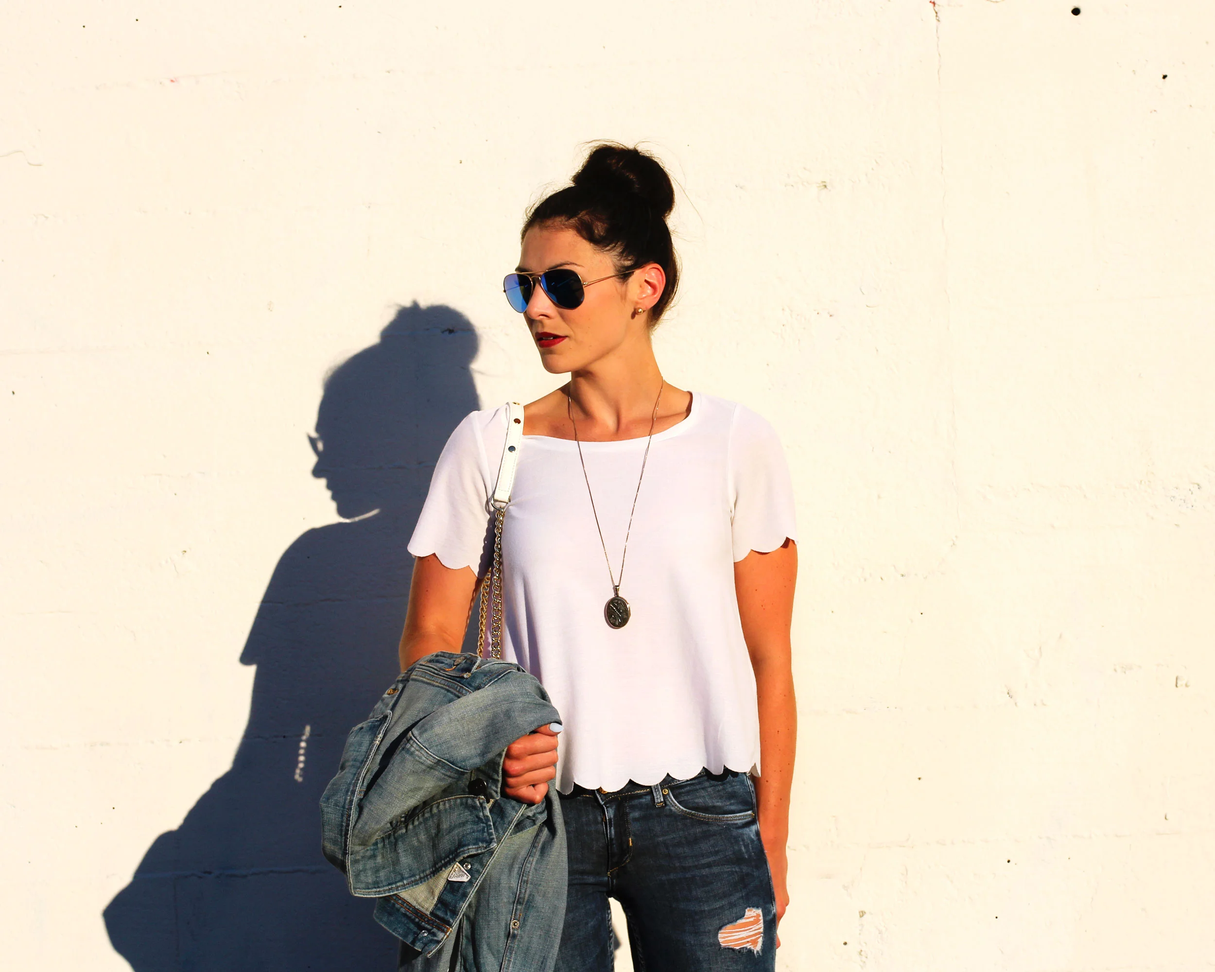 Topshop Scallop Frill Tee, J.Crew Denim Jacket, Rebecca Minkoff Mini MAC Fringe, Ray-Ban Mirrored Lens Aviators, Dolce Vita Sandals, Vintage Locket Necklace
