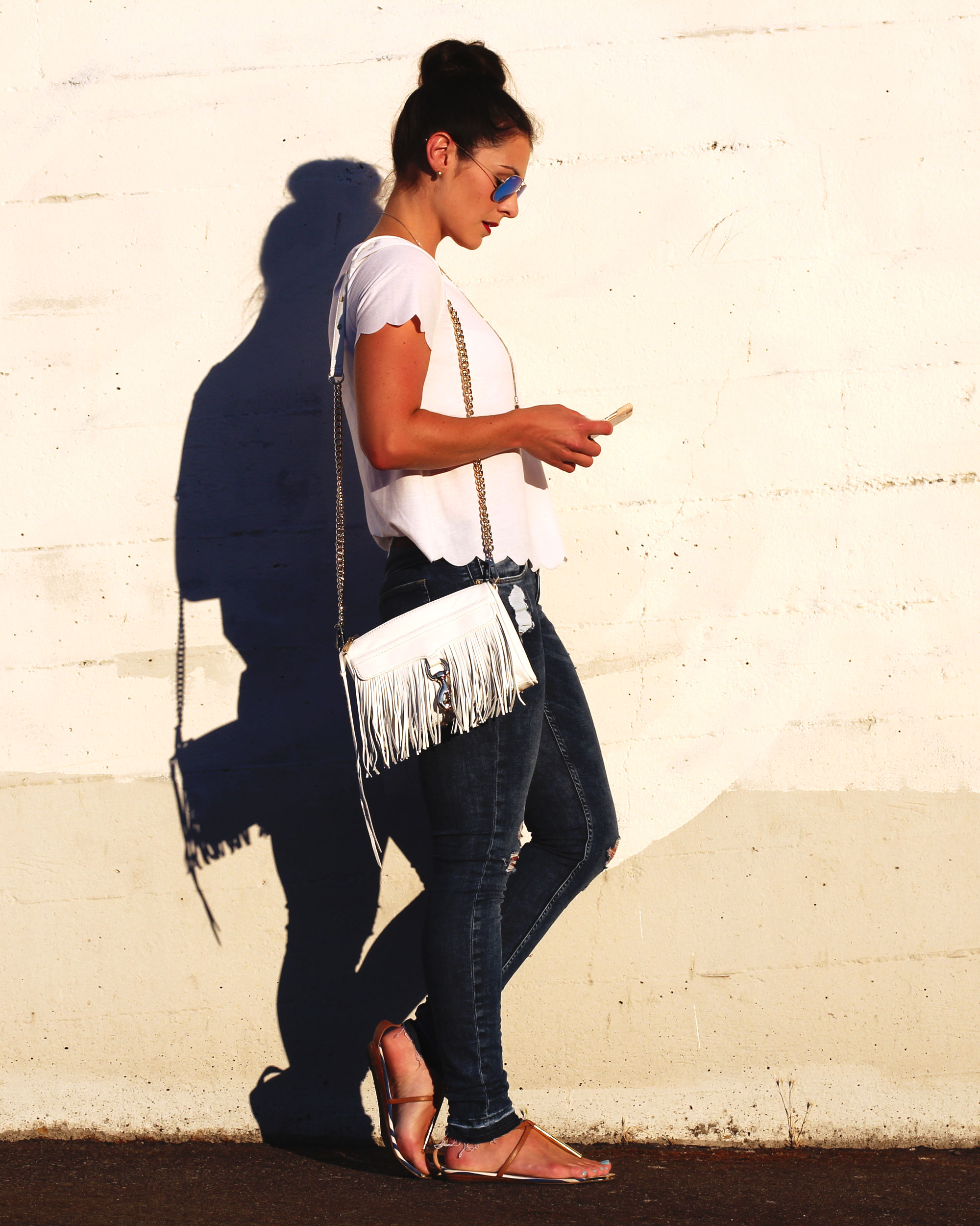 Topshop Scallop Frill Tee, J.Crew Denim Jacket, Rebecca Minkoff Mini MAC Fringe, Ray-Ban Mirrored Lens Aviators, Dolce Vita Sandals, Vintage Locket Necklace