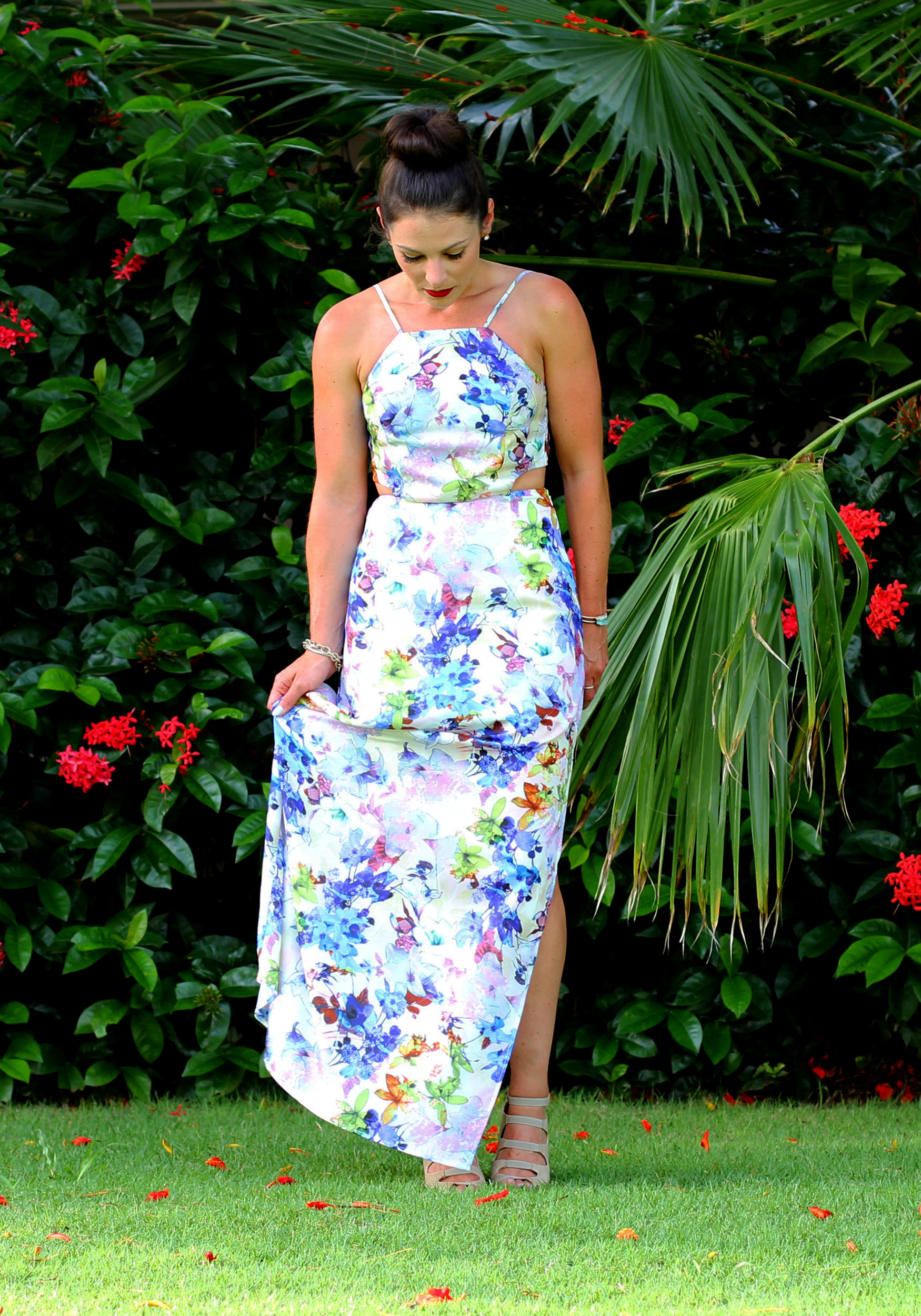 JOA Floral Maxi Dress, Summer Style, Just One Answer, Vacation Fashion, Tropical, Fashion Blogger, Top Knot, Rebecca Minkoff Fringe Mini MAC, David Yurman Bracelet