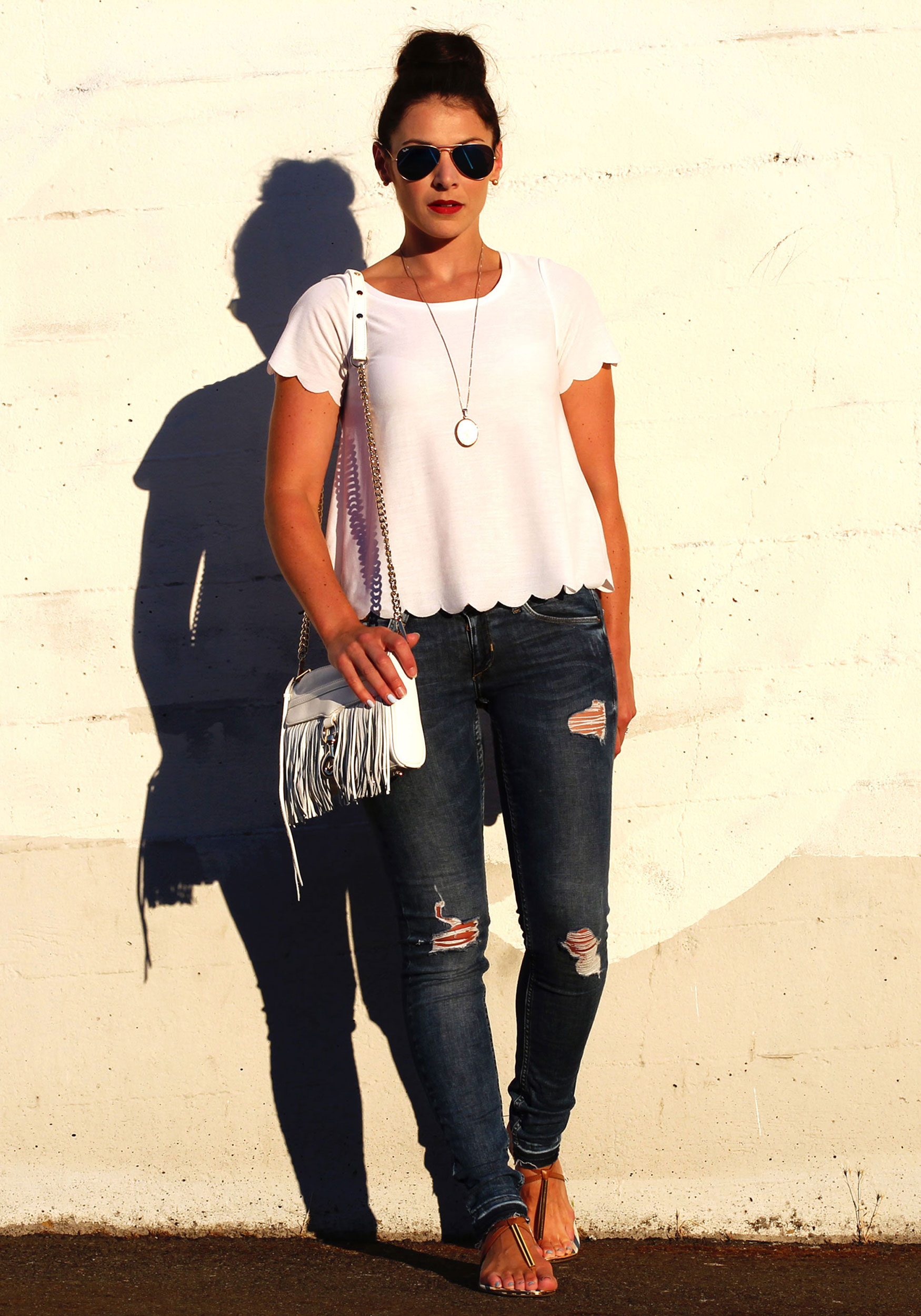 Topshop Scallop Frill Tee, J.Crew Denim Jacket, Rebecca Minkoff Mini MAC Fringe, Ray-Ban Mirrored Lens Aviators, Dolce Vita Sandals, Vintage Locket Necklace