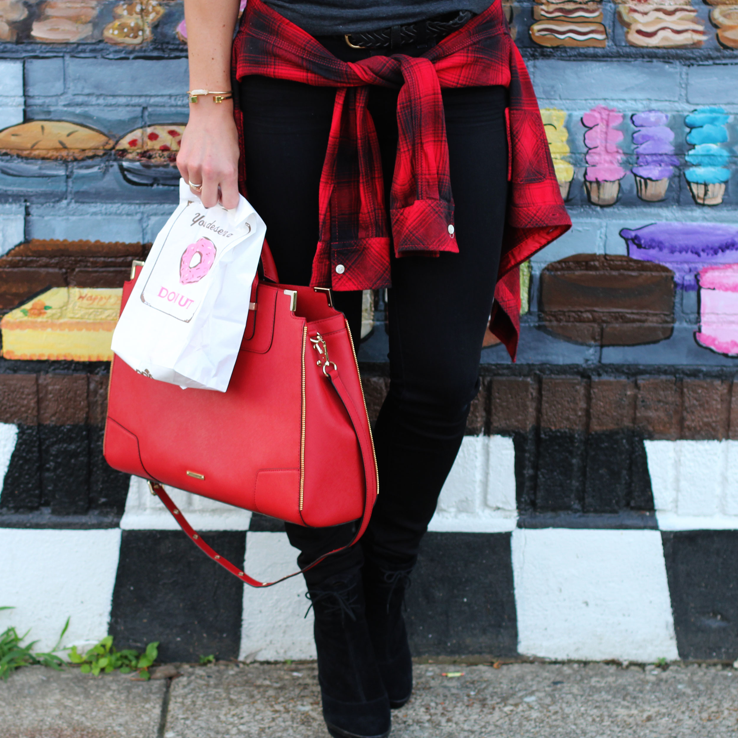 Doughnuts Over Everything Tee, Nord's Bakery Louisville, Maple Bacon Doughnuts, J Brand Skinny Jeans, Plaid Shirt, House of Harlow 1960 Necklace, Rebecca Minkoff Amorous Satchel, Donuts