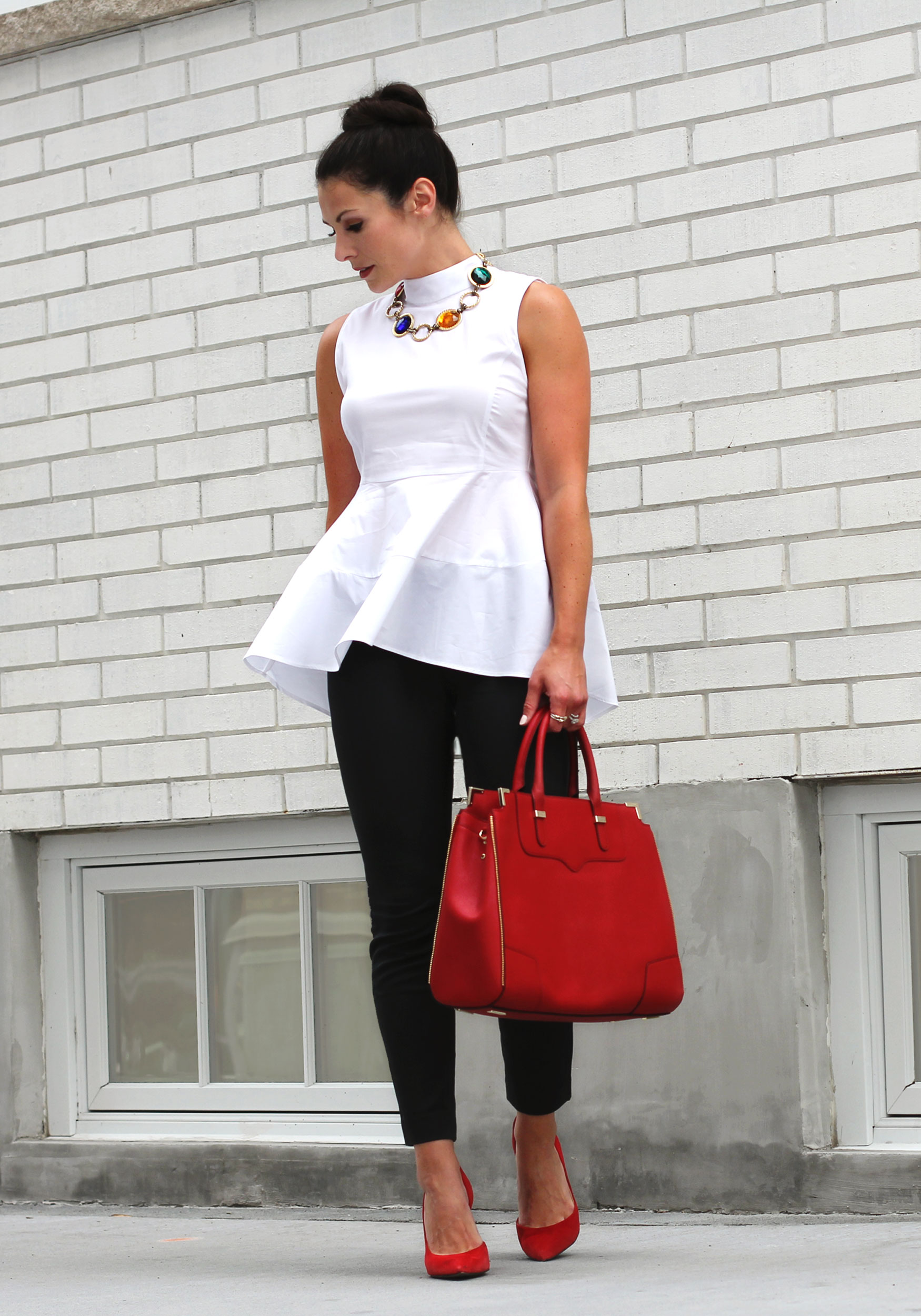 Business Casual, Interview Outfit, J.Crew Minnie Pants, Zara Peplum Top, Rebecca Minkoff Amorous Satchel, Vintage Necklace, Jessica Simpson Claudette Pumps